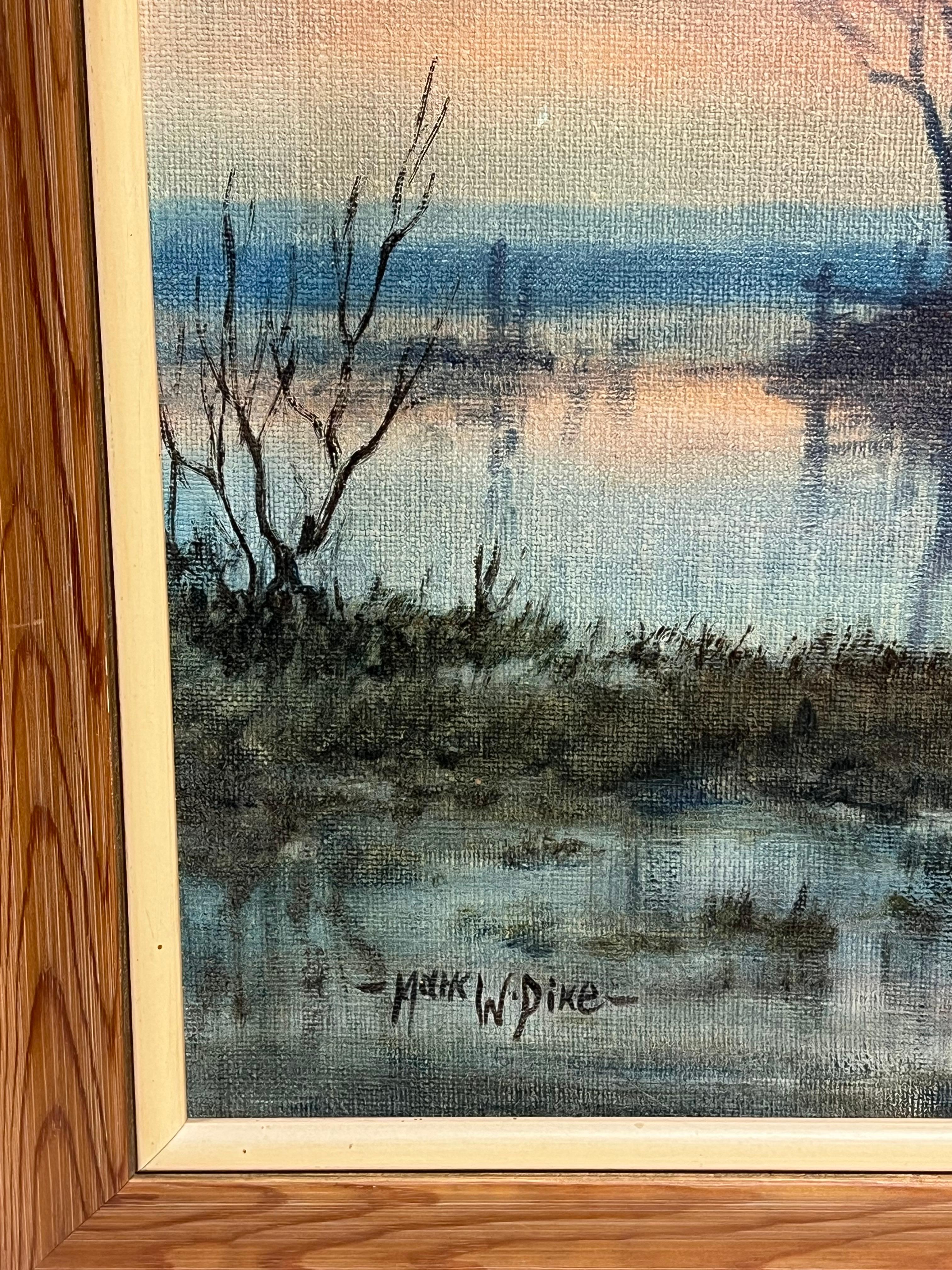 Large 1970's British Signed Oil Painting Atmospheric Flooded Fields Sunset For Sale 2
