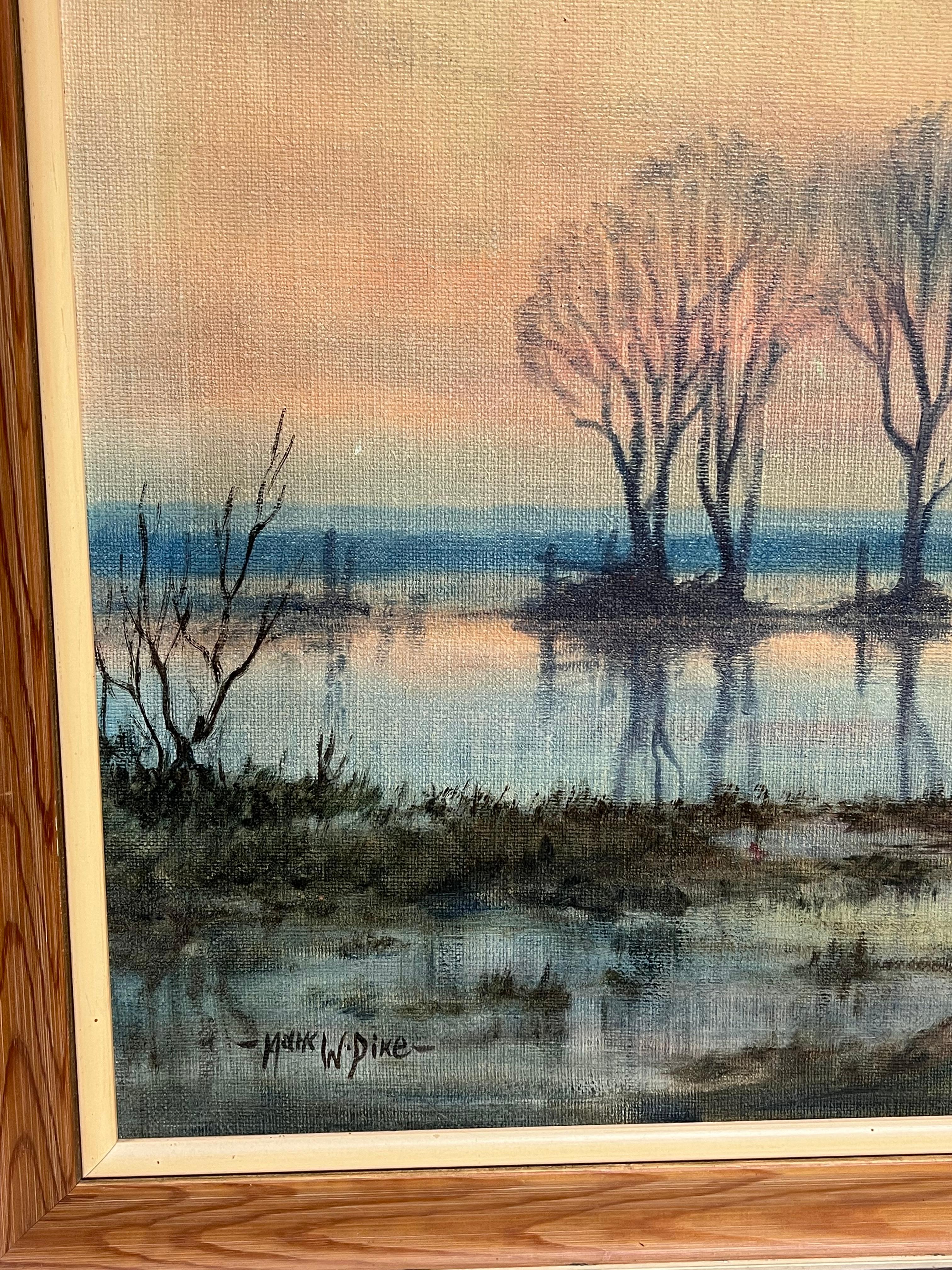 Large 1970's British Signed Oil Painting Atmospheric Flooded Fields Sunset For Sale 3