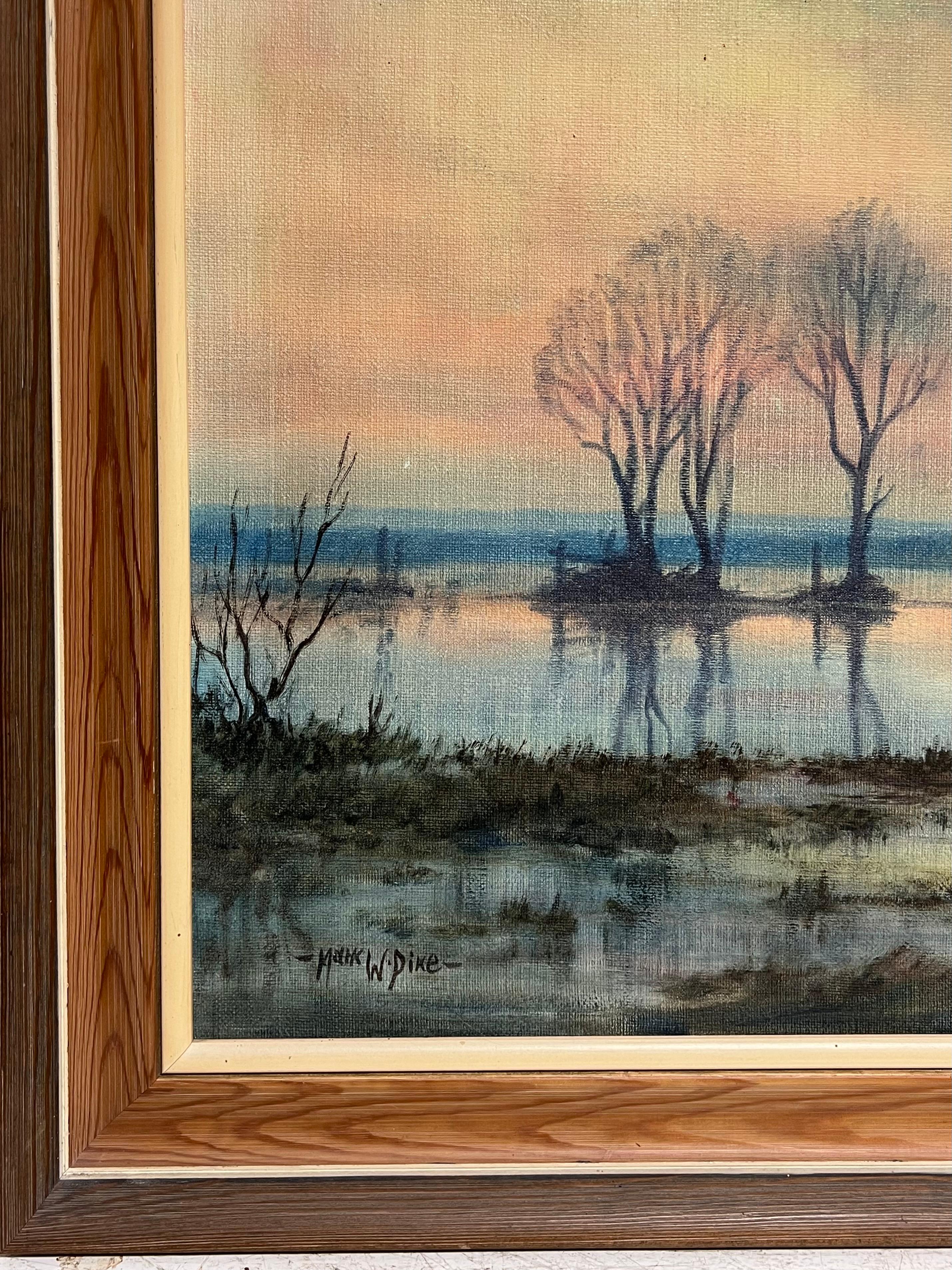 Large 1970's British Signed Oil Painting Atmospheric Flooded Fields Sunset For Sale 4