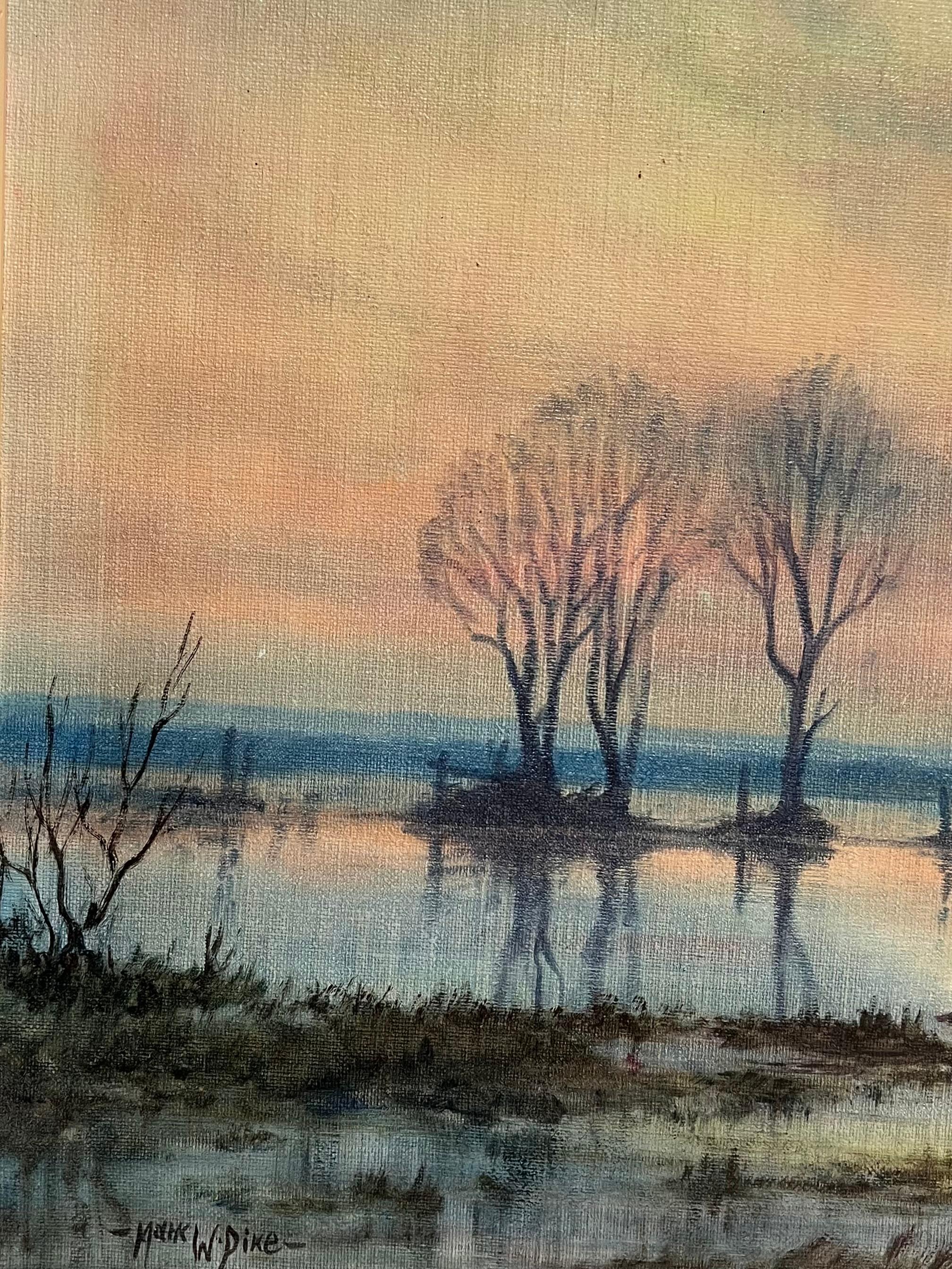 Large 1970's British Signed Oil Painting Atmospheric Flooded Fields Sunset For Sale 5
