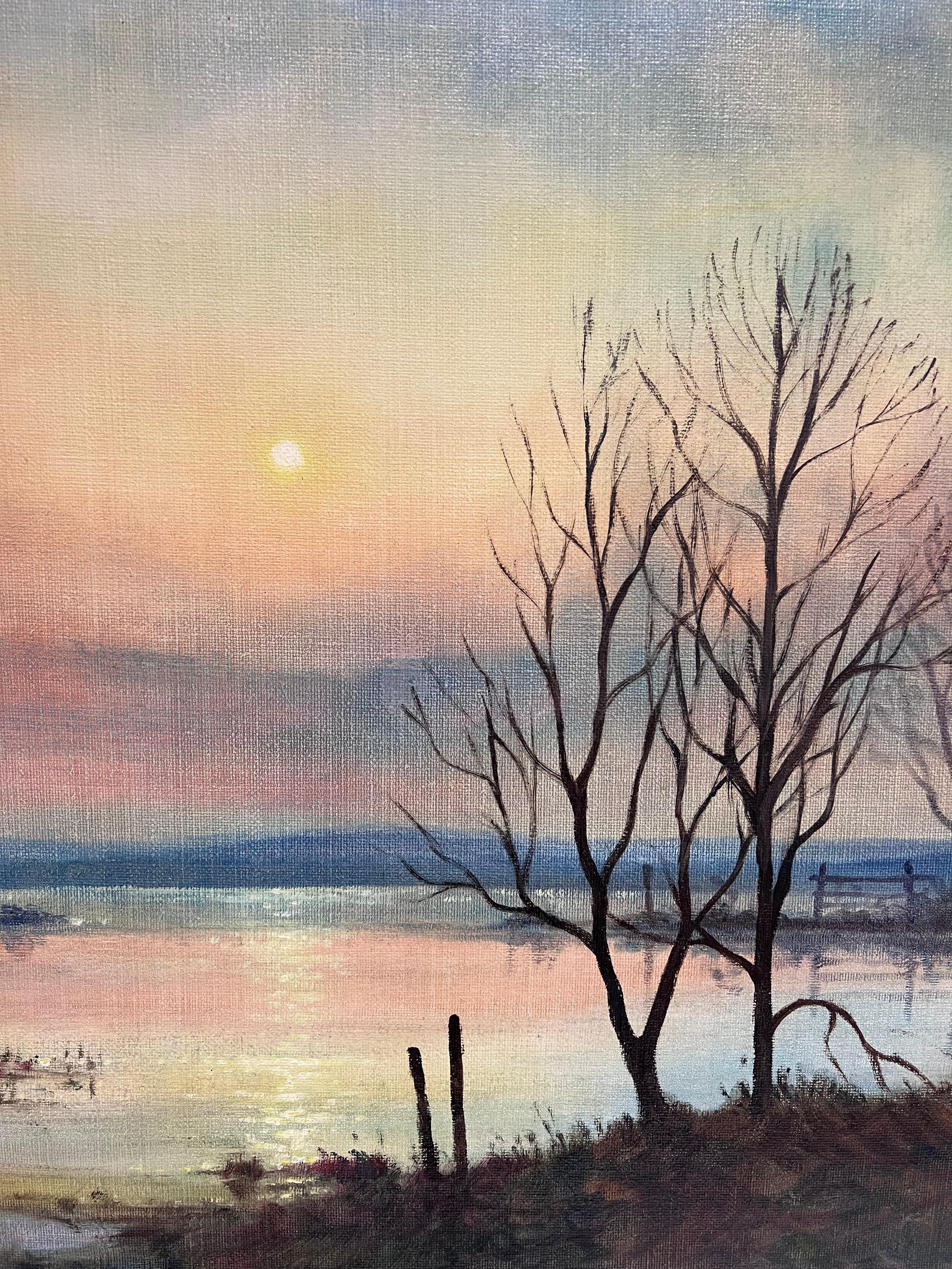 Large 1970's British Signed Oil Painting Atmospheric Flooded Fields Sunset For Sale 6
