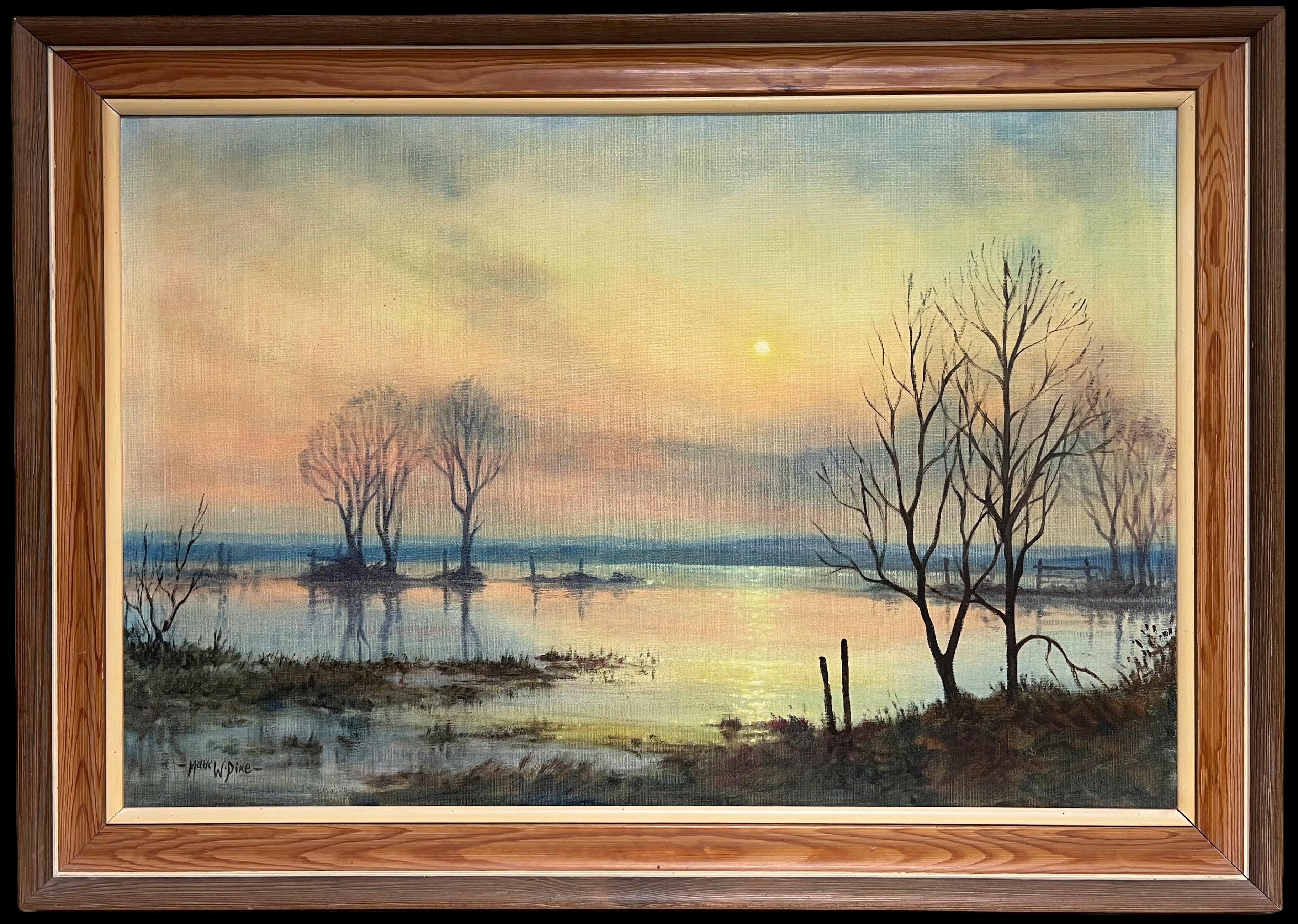 Mark W. Pike Landscape Painting - Large 1970's British Signed Oil Painting Atmospheric Flooded Fields Sunset