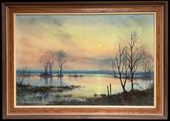 Large 1970's British Signed Oil Painting Atmospheric Flooded Fields Sunset