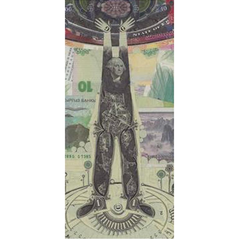 Currency collage using both US and international currency. Using countless fragments of actual currency, Mark Wagner creates collages that speak to the cultural, social, political and symbolic roles that money plays in our society.
