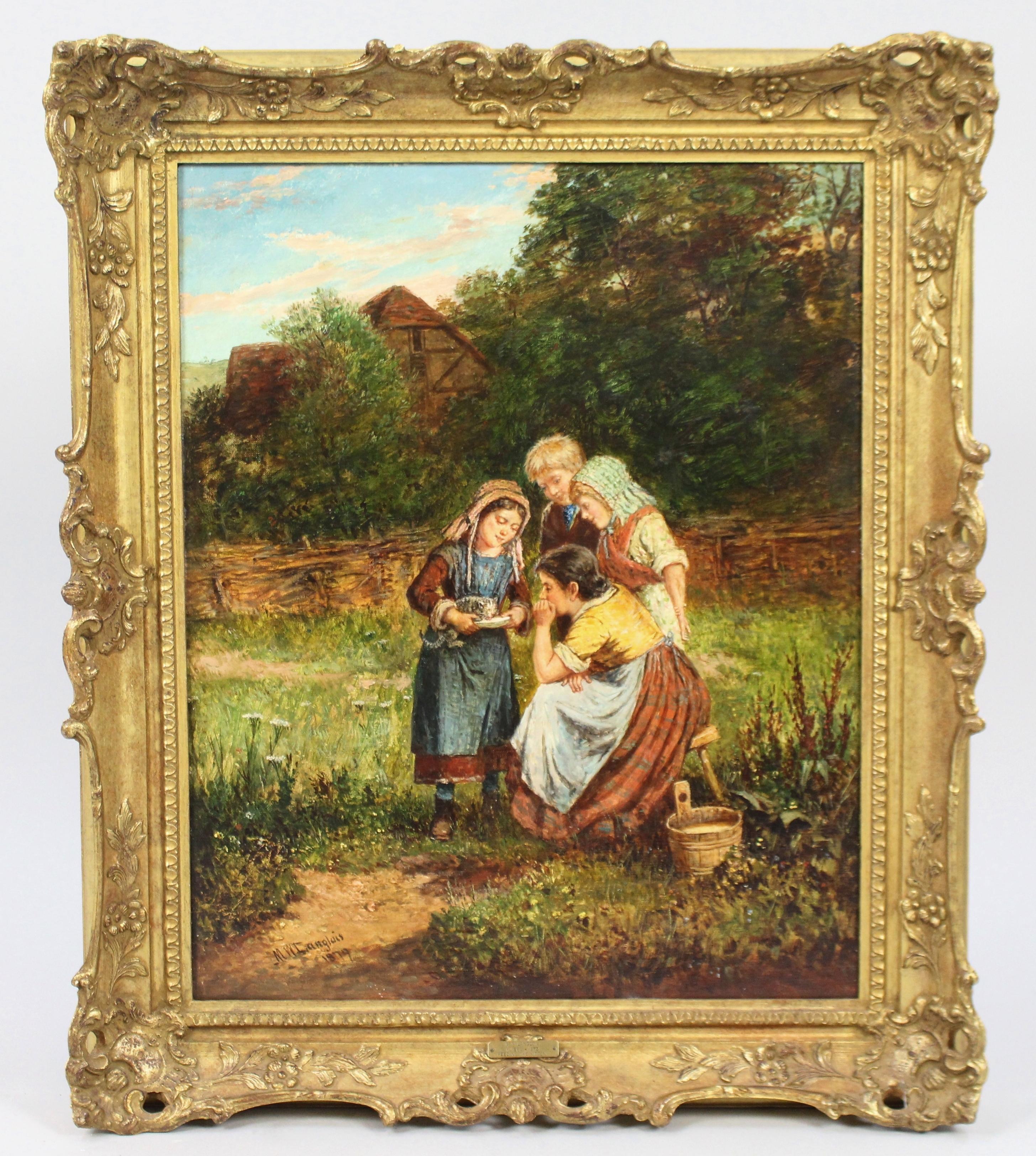 Mark William Langlois (British, 1848–1924)
“Feeding the Kitten”, 1879
Oil on canvas, signed and dated

A beautifully composed and sensitively rendered 19th-century English oil painting by Mark William Langlois, depicting a tranquil rural scene. Four