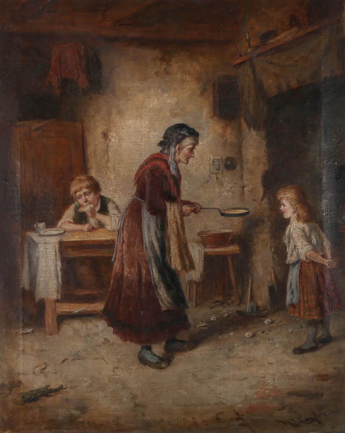 Huile de Mark William Langlois (1848-1924), fin du XIXe siècle, « Grandma's Pancakes » 1