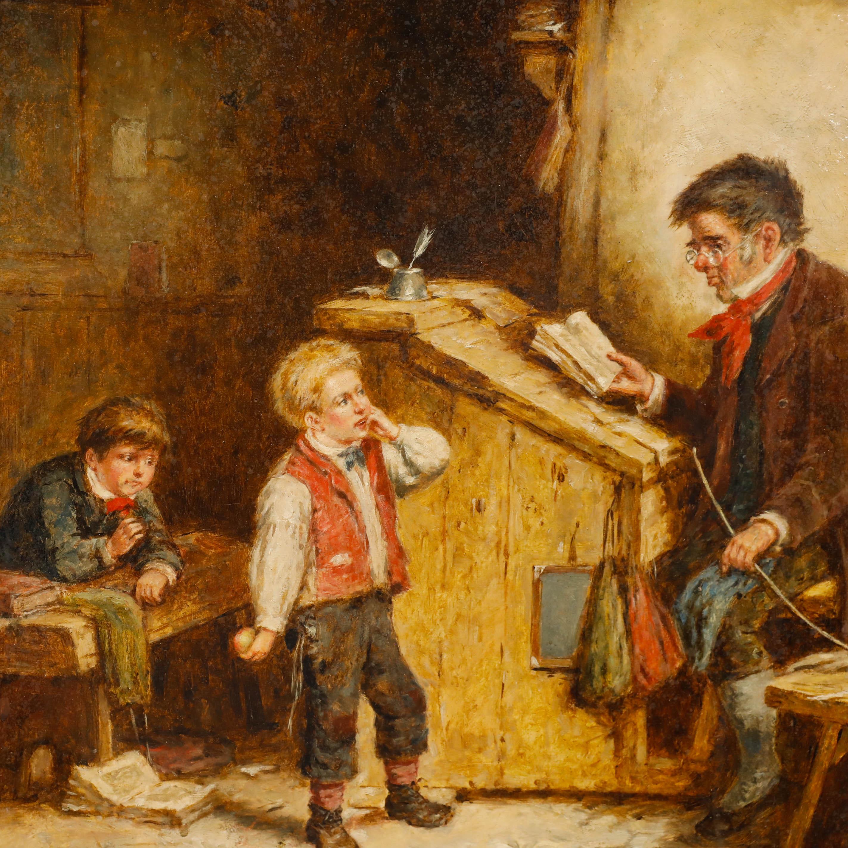 A charming late 19th century oil painting by the artist Mark Langois (1848-1924) depicting a schoolmaster and his pupils. Well presented in a gilt frame with floral ornaments and a delicate running pattern to the inner. Inscribed verso. Signed to