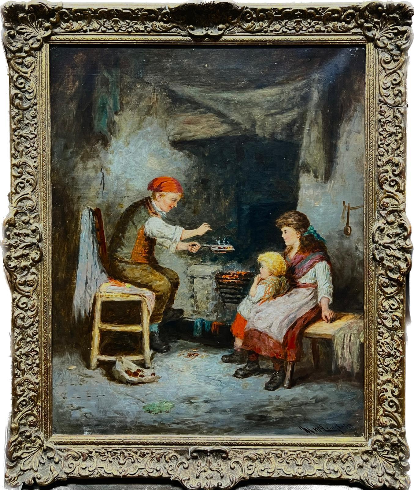 Pintura al óleo victoriana Familia joven asando castañas junto a la chimenea Cottage - Painting de Mark William Langlois