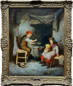 Peinture à l'huile victorienne Jeune famille faisant rôtir des châtaignes au coin du feu Cottage