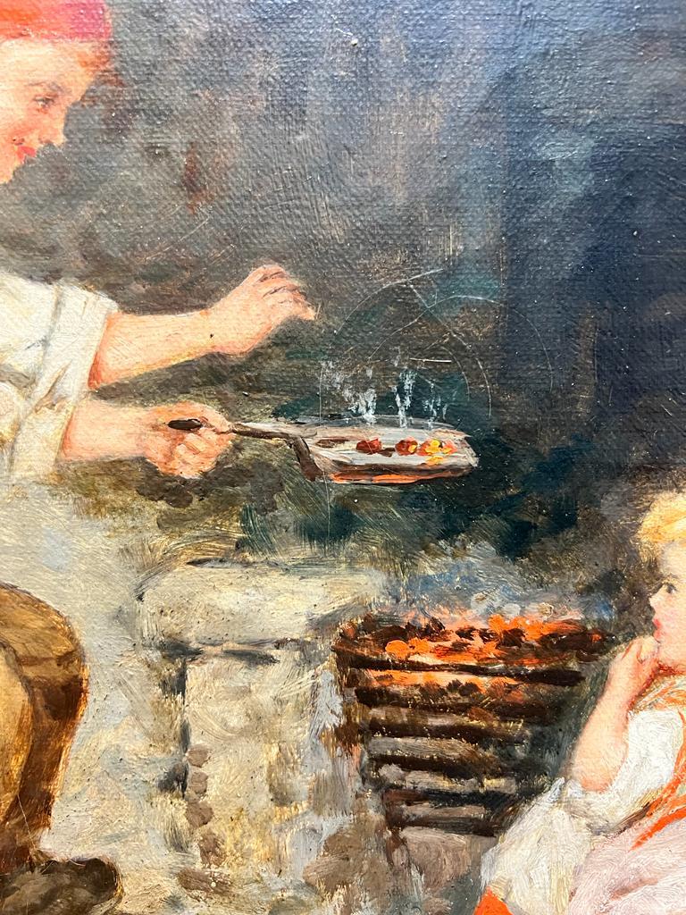Pintura al óleo victoriana Familia joven asando castañas junto a la chimenea Cottage - Painting Victoriano de Mark William Langlois