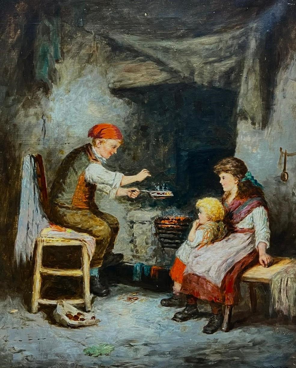 Viktorianisches Ölgemälde „Young Family Roasting Chestnuts“ von Fireside Cottage