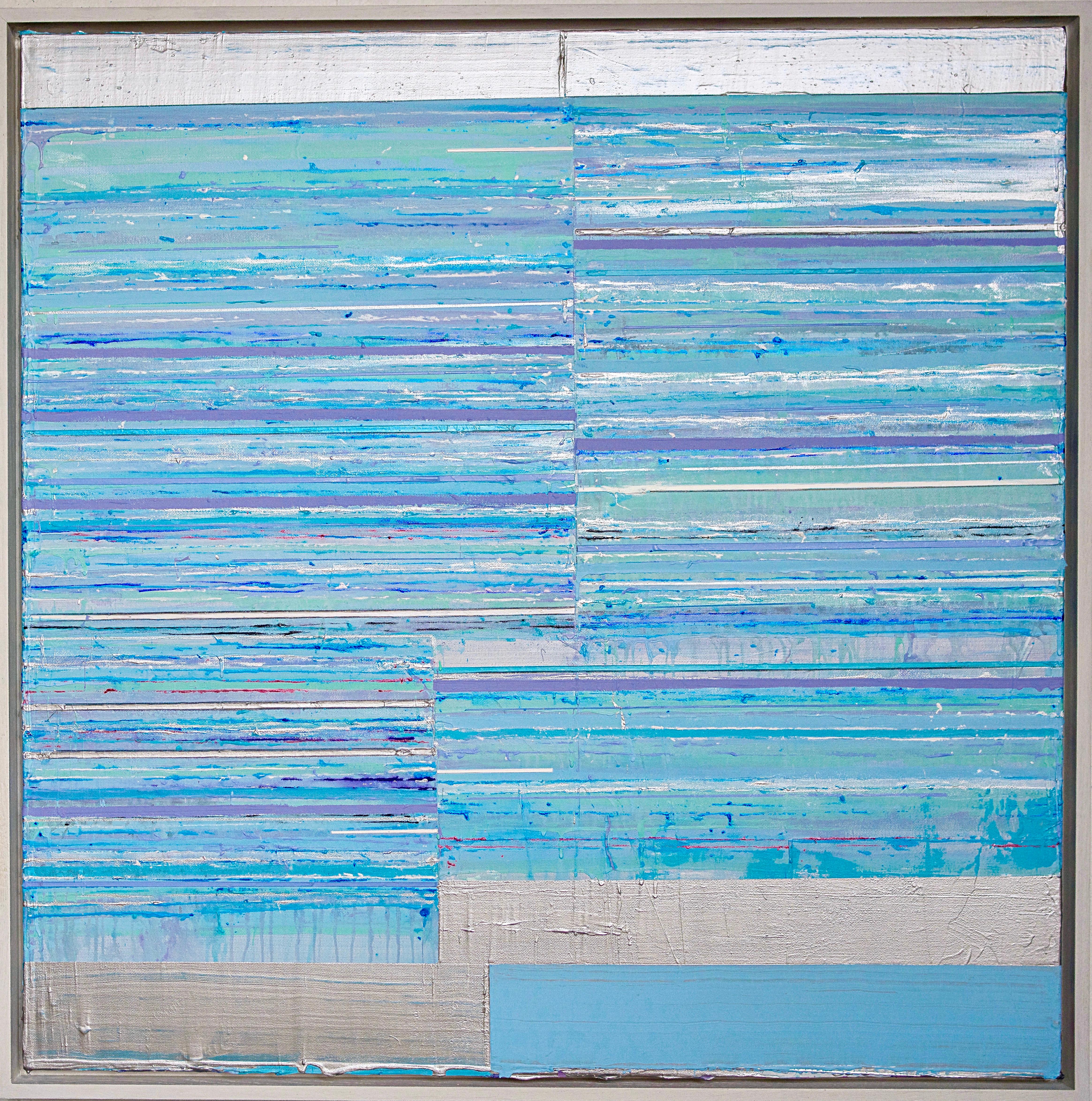Mark Zimmermann Abstract Painting - Aequor Infinitum - Blue, turquoise, white and silver striped abstract painting