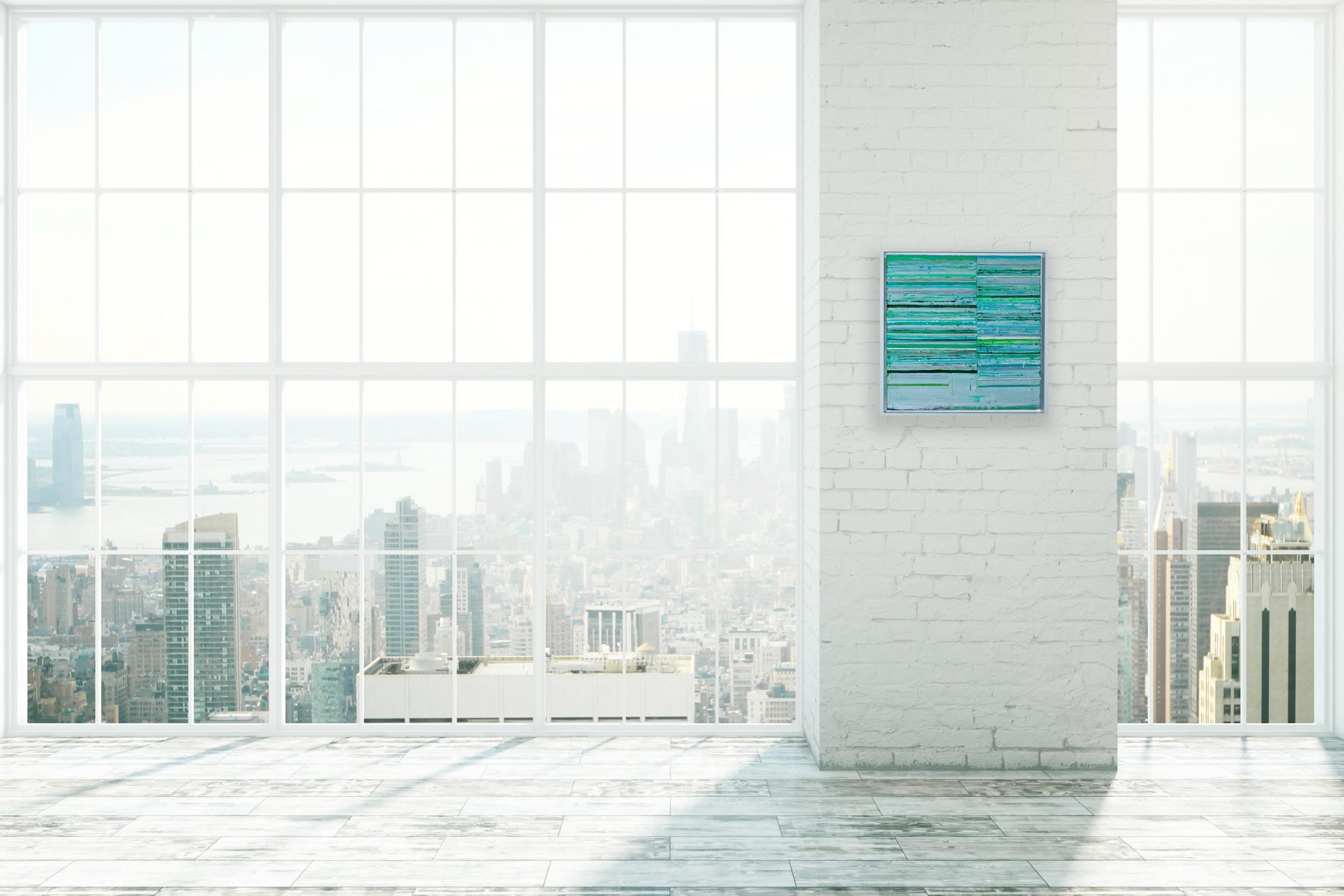 Green abstract striped painting by Mark Zimmermann- Acrylic and graphite on canvas in artist frame. Signed on back by the artist.

Mark Zimmermann's work is based on the fusion of meditative fields, architectonic structures and an organic gestural