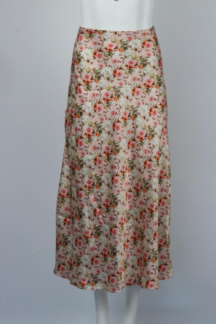 Markarian floral print silk satin midi skirt. Multicoloured. Zip fastening at side. 100% Silk. Size: US 10 (UK 14, FR 42, IT 46). Waist: 31.6 in. Hips: 43.7 in. Length: 34.4 in. Very good condition - No sign of wear; see pictures