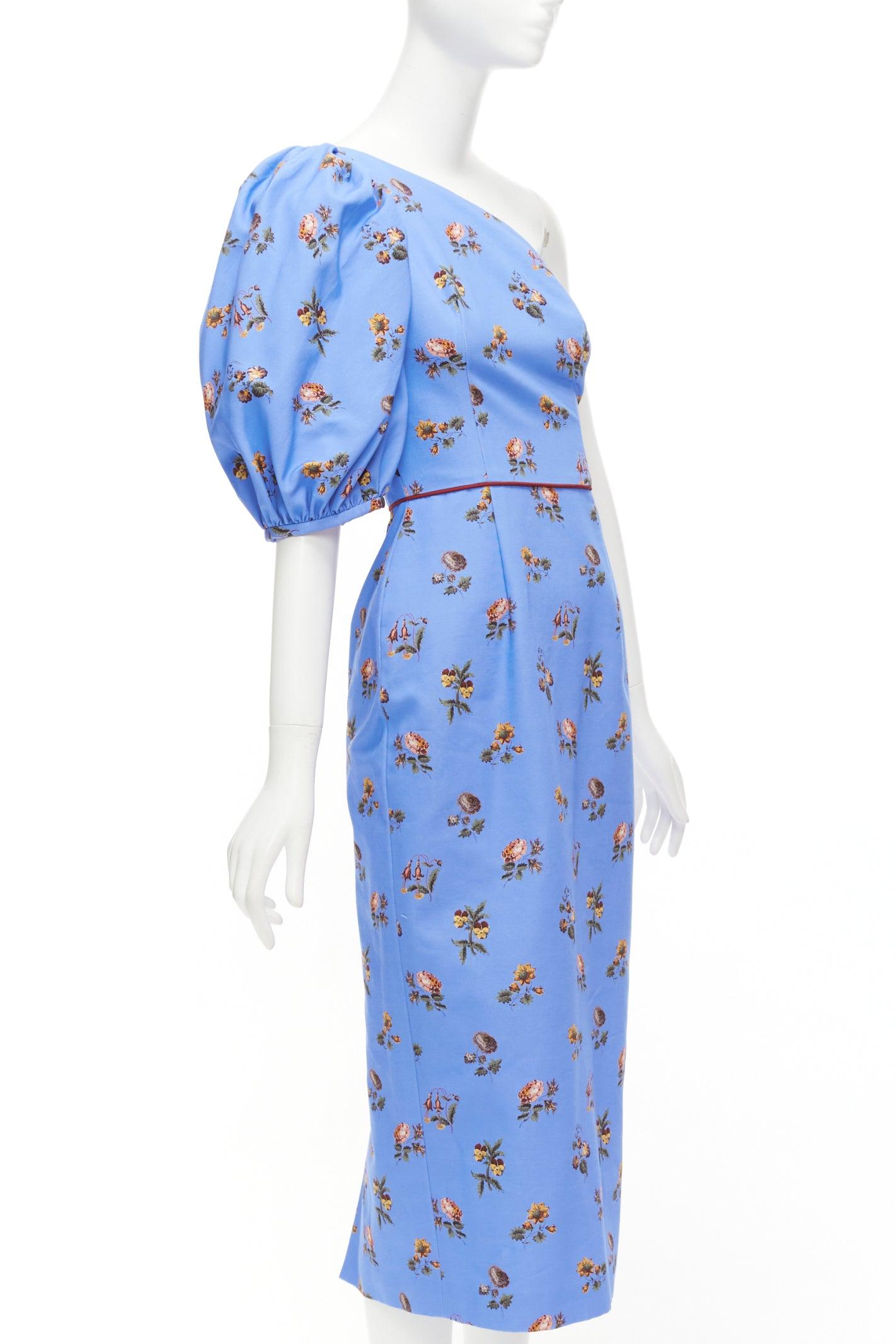 Blue MARKARIAN Laurel blue cotton periwinkle floral print one shoulder dress US0 For Sale