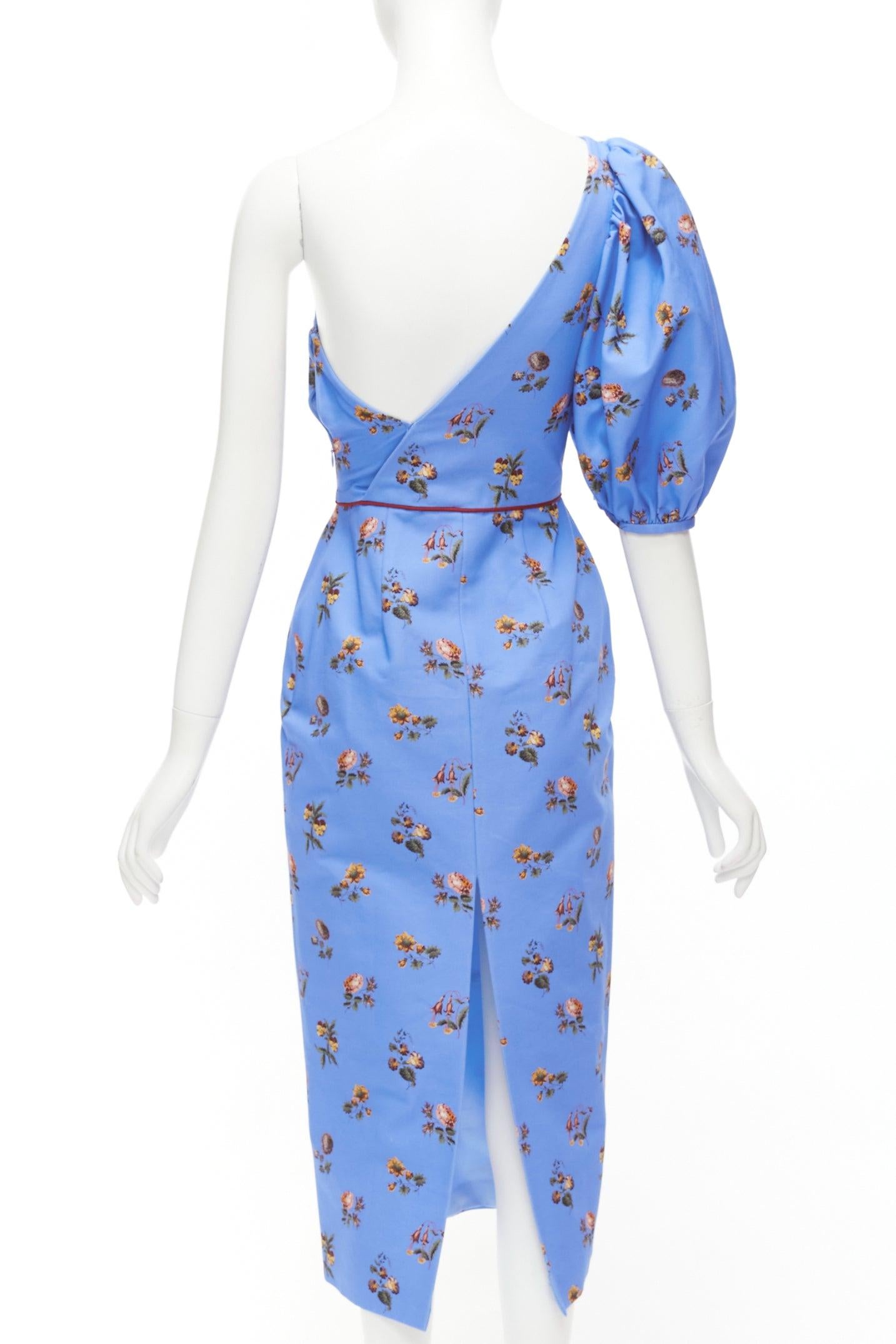 MARKARIAN Laurel blue cotton periwinkle floral print one shoulder dress US0 For Sale 1