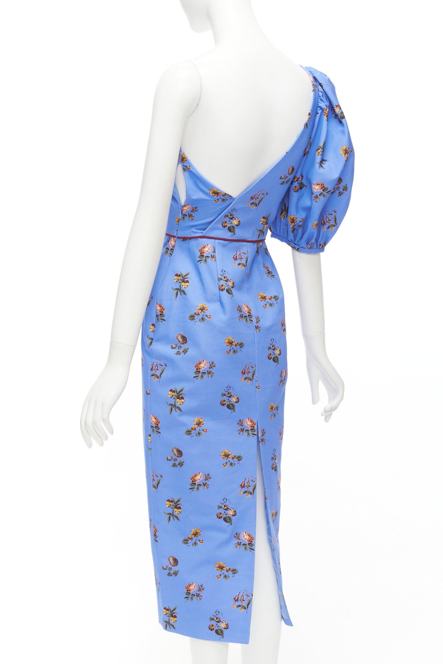MARKARIAN Laurel blue cotton periwinkle floral print one shoulder dress US0 For Sale 1