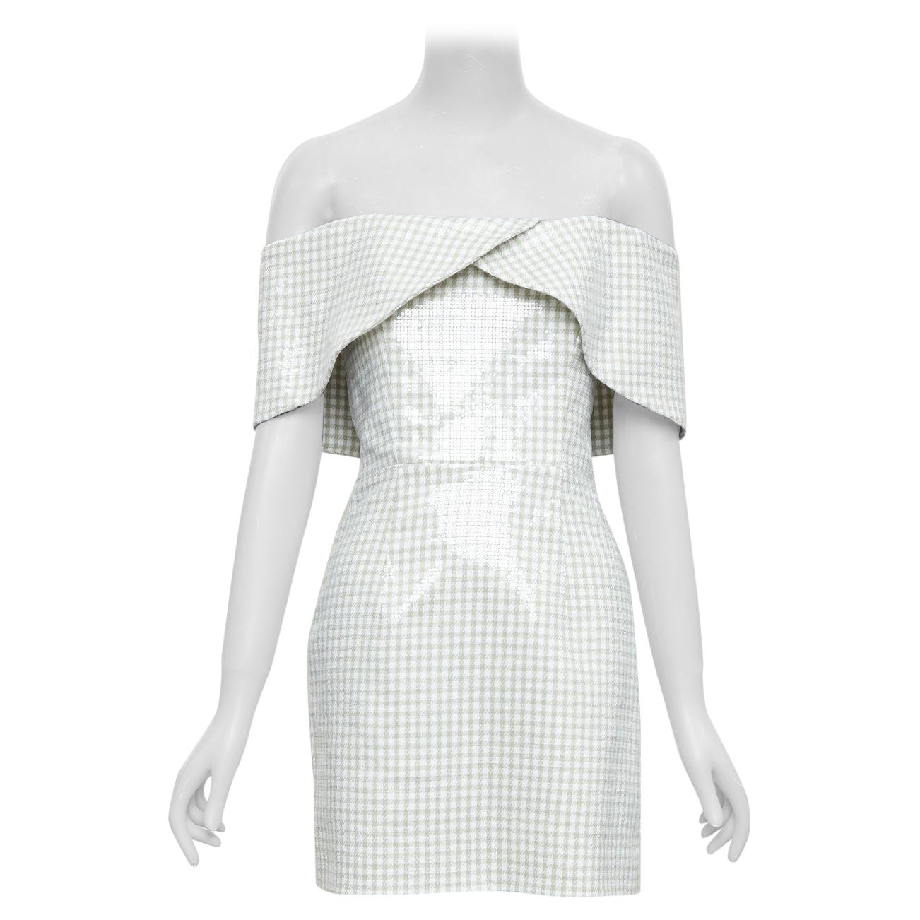 MARKARIAN Runway Regina white sequin gingham cold shoulder mini dress US0 XS For Sale