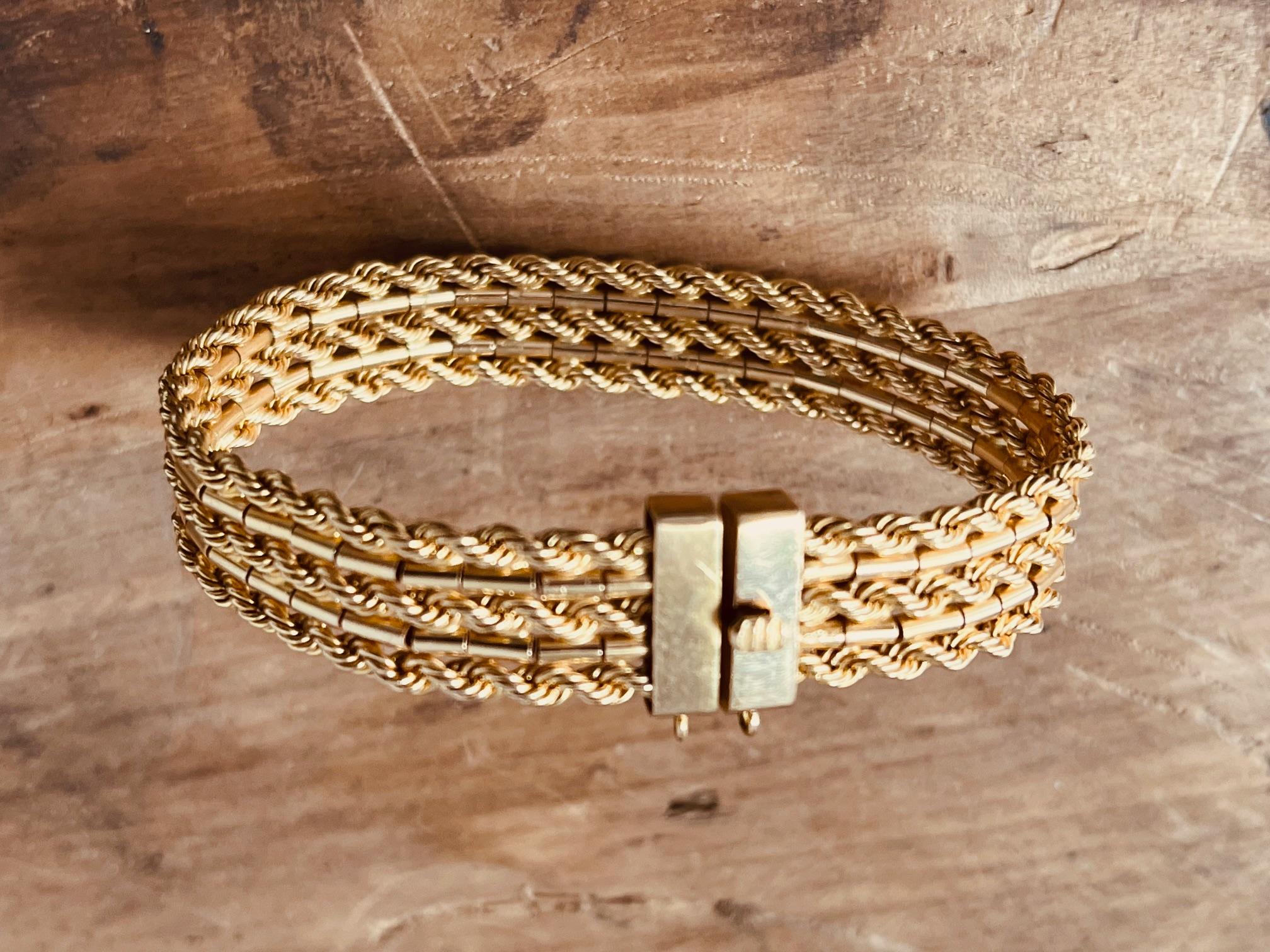Marked 18 Carat Three Row Rope Gold Italian Bracelet, Circa 1960s  For Sale 5