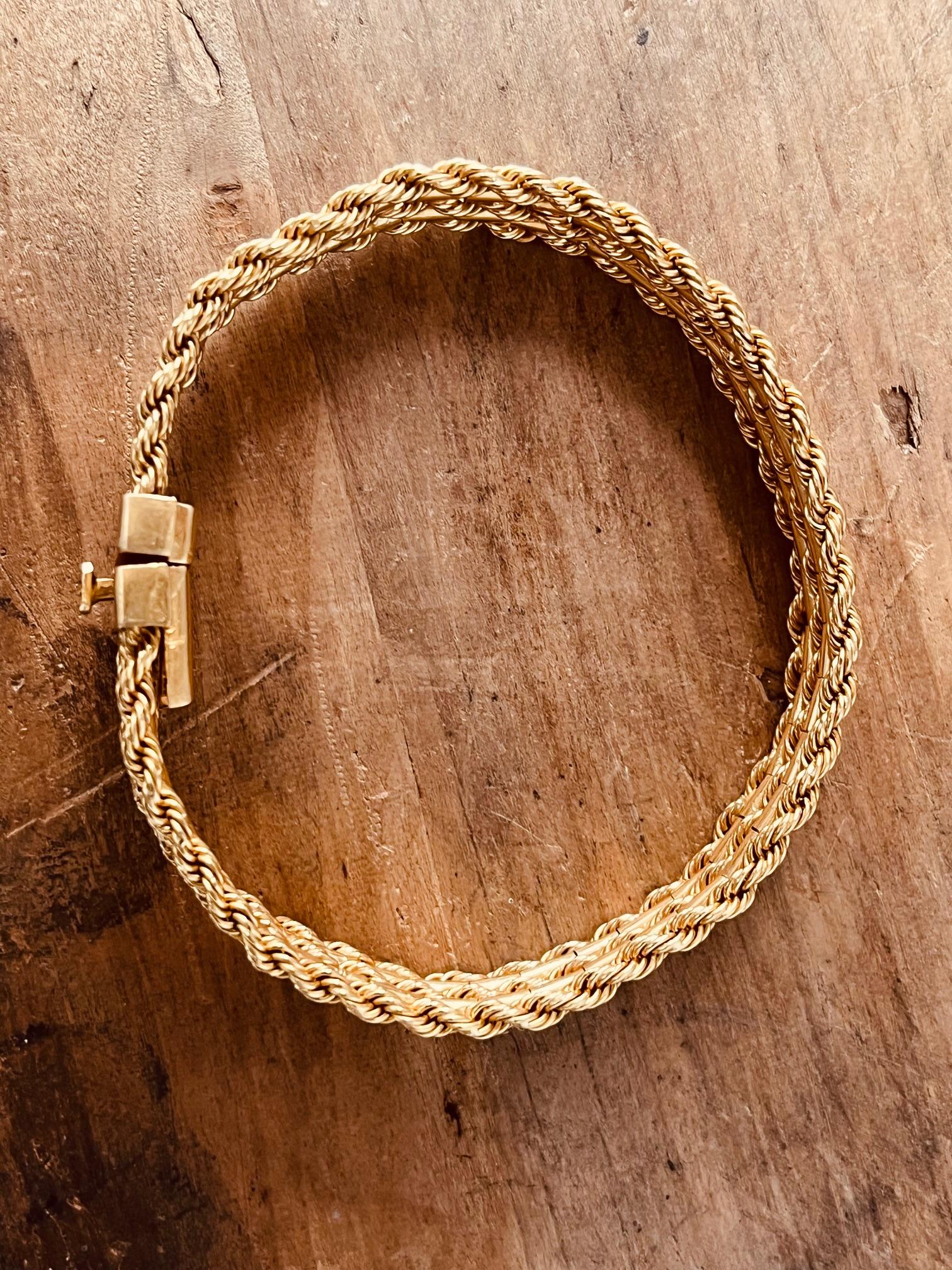 Marked 18 Carat Three Row Rope Gold Italian Bracelet, Circa 1960s  For Sale 4
