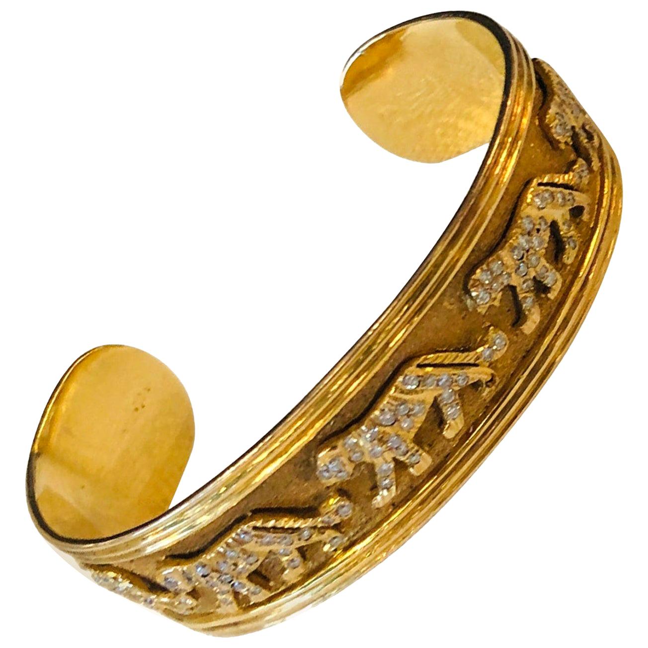 Marked 18-Karat Yellow Gold with Diamond Encrusted Panther Cuff Bracelet For Sale