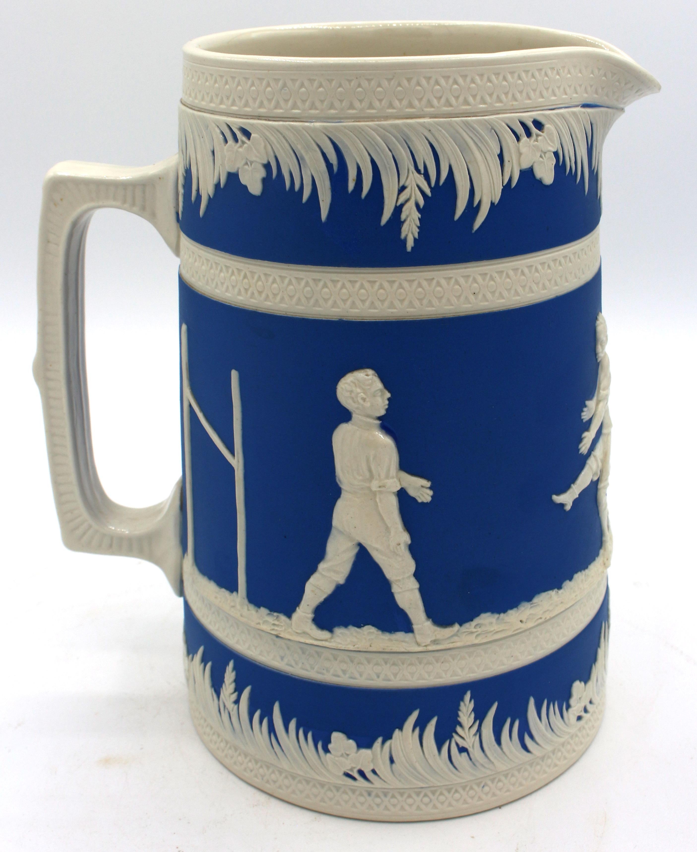 Marked 1895 American Football Motif Ceramic Pitcher by Copeland In Good Condition In Chapel Hill, NC