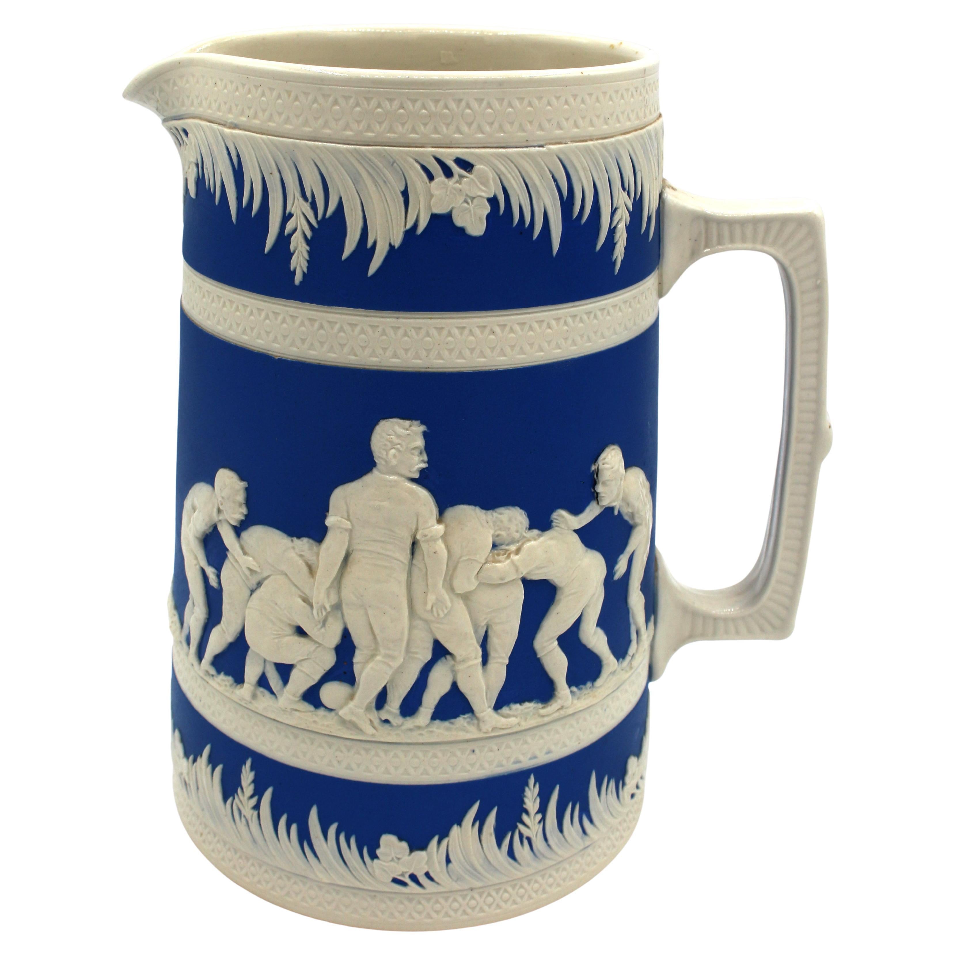 Marked 1895 American Football Motif Ceramic Pitcher by Copeland