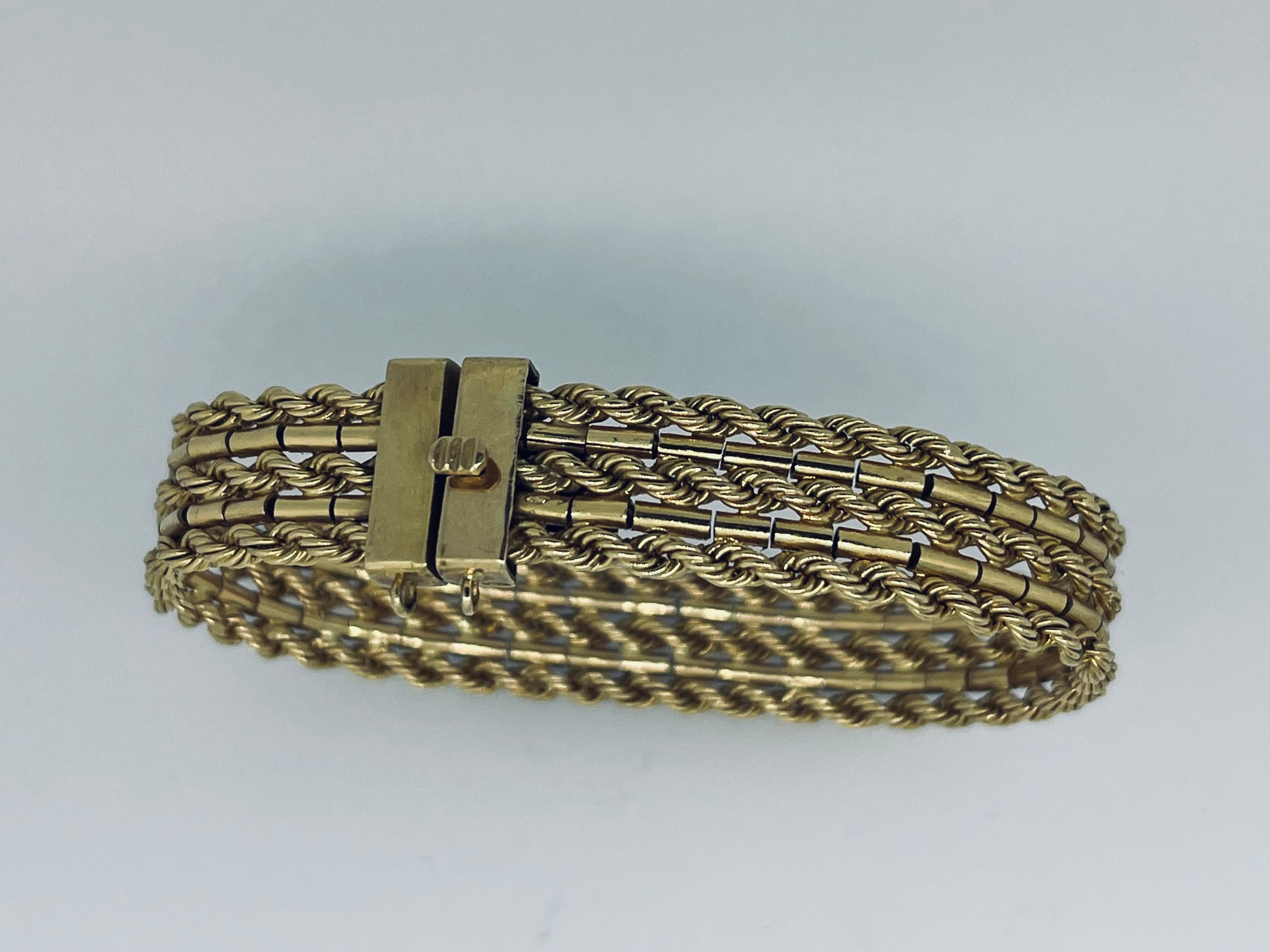 Modernist Marked 18 Carat Three Row Rope Gold Italian Bracelet, Circa 1960s  For Sale