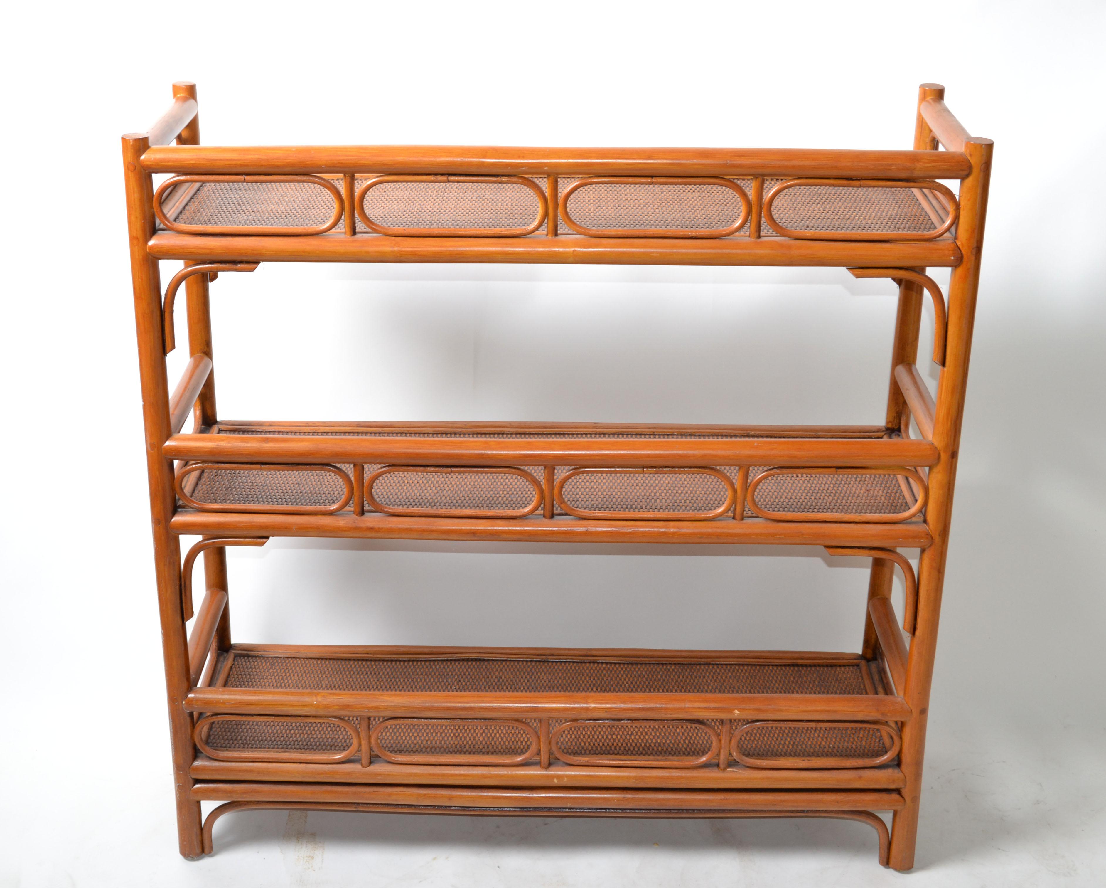 Late 20th Century Marked 3 Tier Rattan & Wicker Storage Shelf, Display Shelf Mid-Century Modern