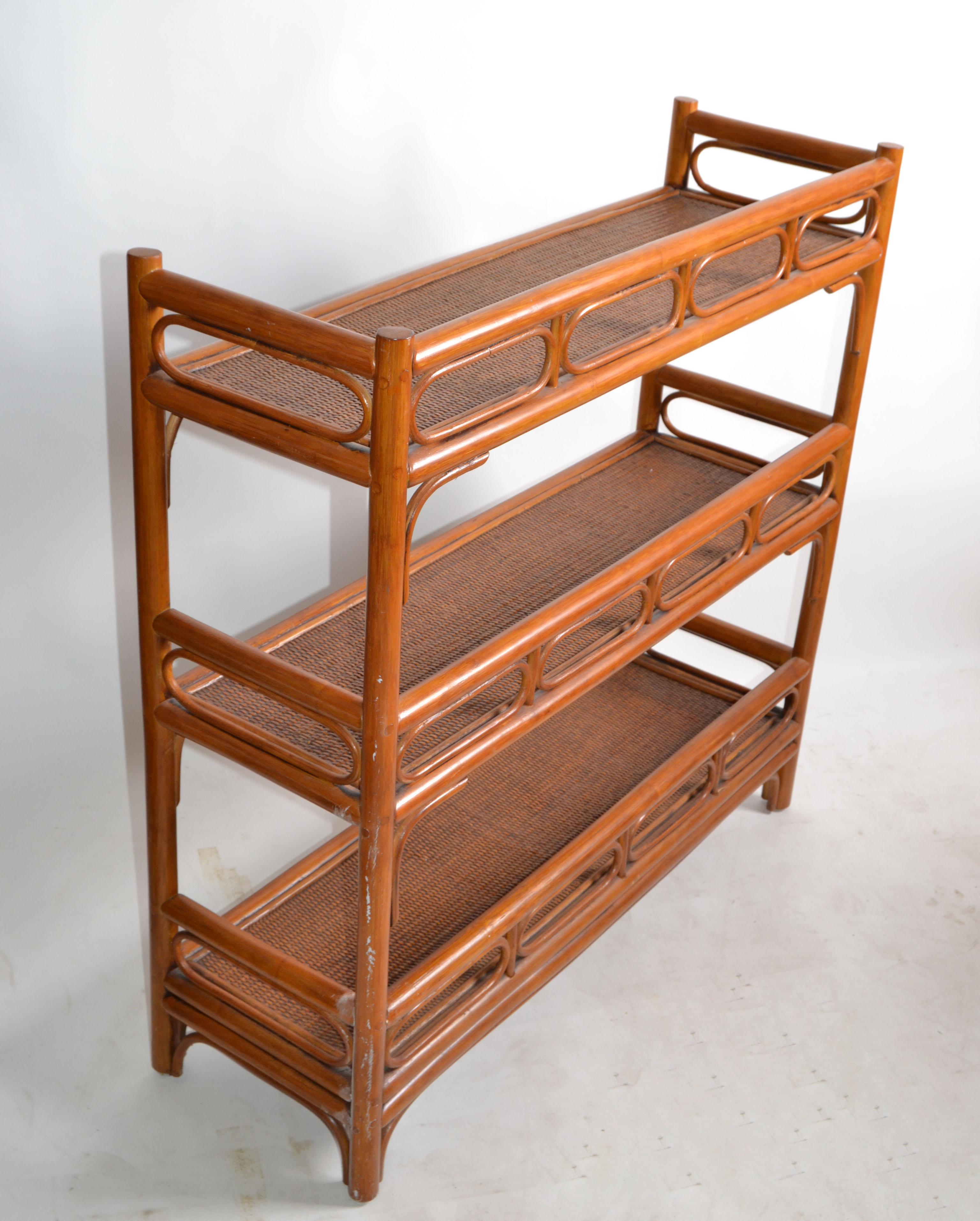 Cane Marked 3 Tier Rattan & Wicker Storage Shelf, Display Shelf Mid-Century Modern