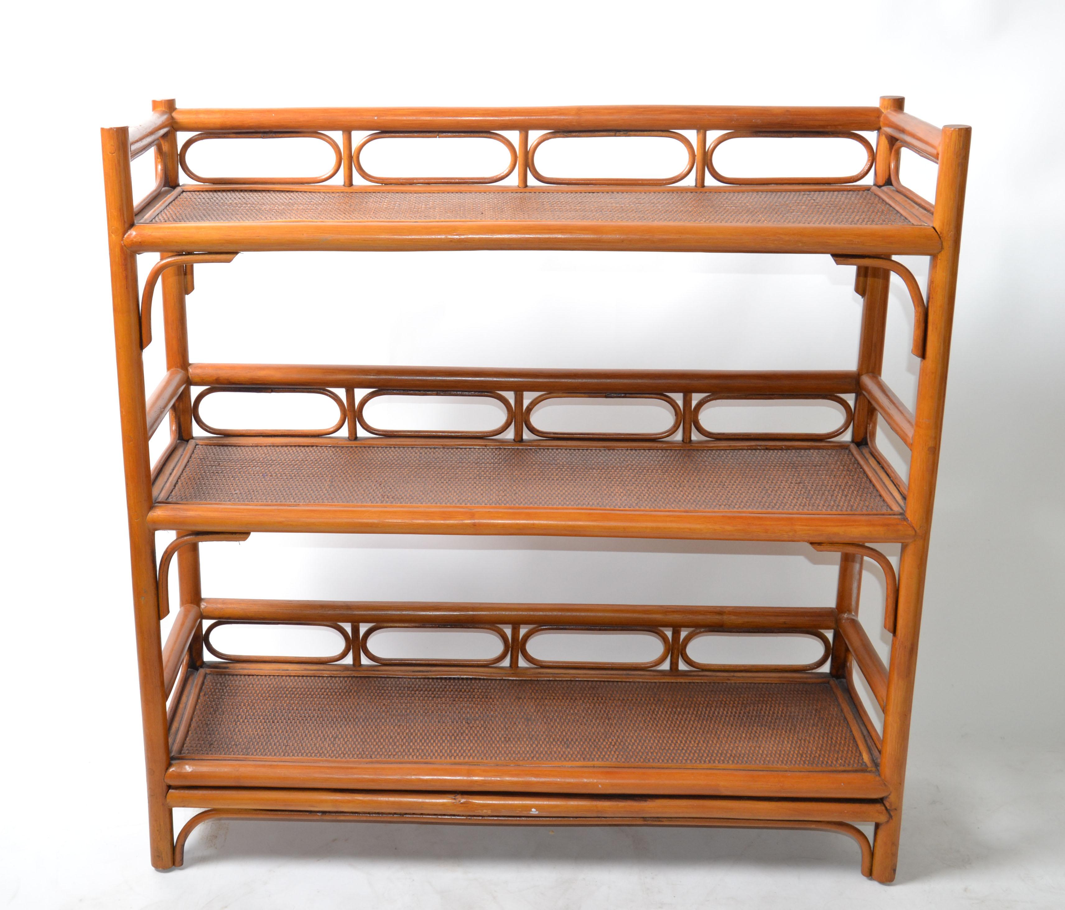 Marked 3 Tier Rattan & Wicker Storage Shelf, Display Shelf Mid-Century Modern 2