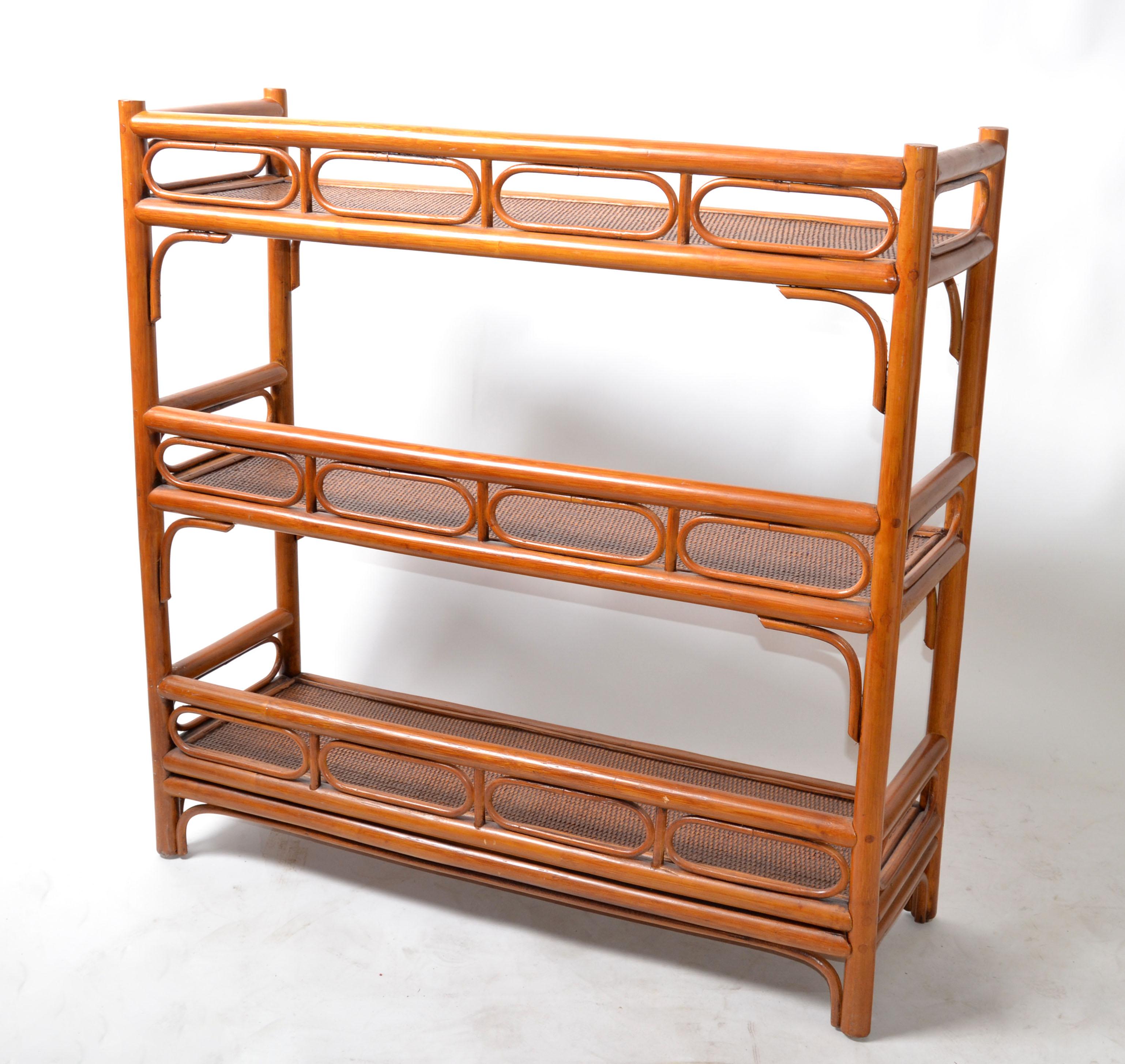 Marked 3 Tier Rattan & Wicker Storage Shelf, Display Shelf Mid-Century Modern In Good Condition In Miami, FL