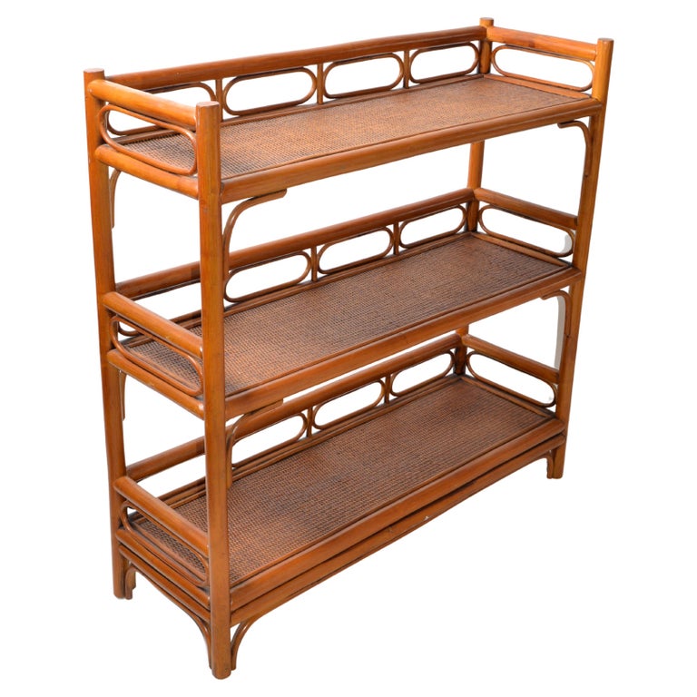 Marked 3 Tier Rattan and Wicker Storage Shelf, Display Shelf Mid