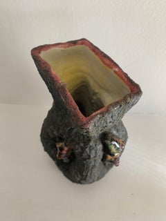 Marked Amalfi Studio Brutalist Lava-Glazed Vase with Applied Faces, Italy, 1960s