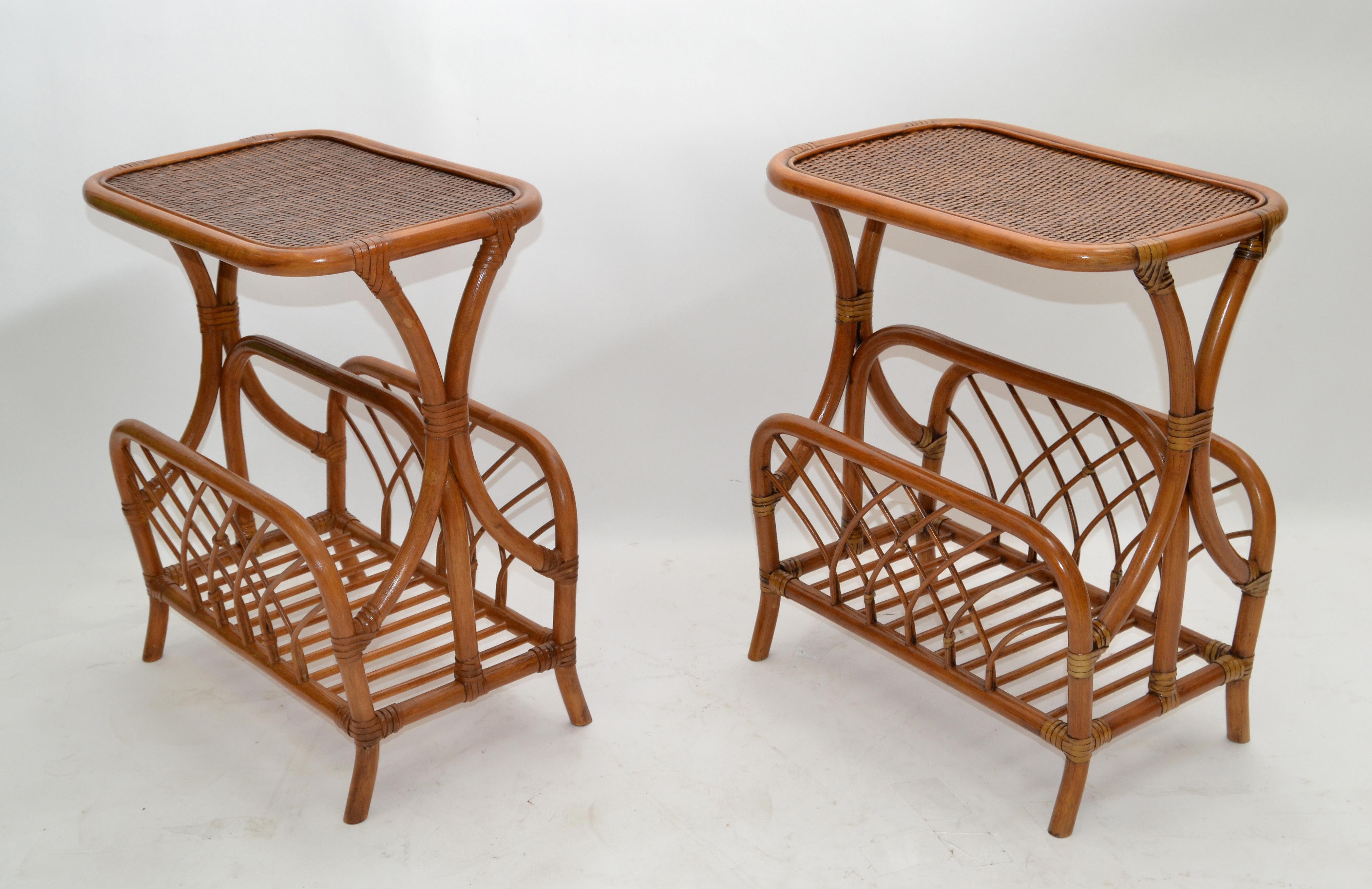 Marked Bamboo & Wicker Mid-Century Modern Side, Bedside Tables Night Stands Pair 5