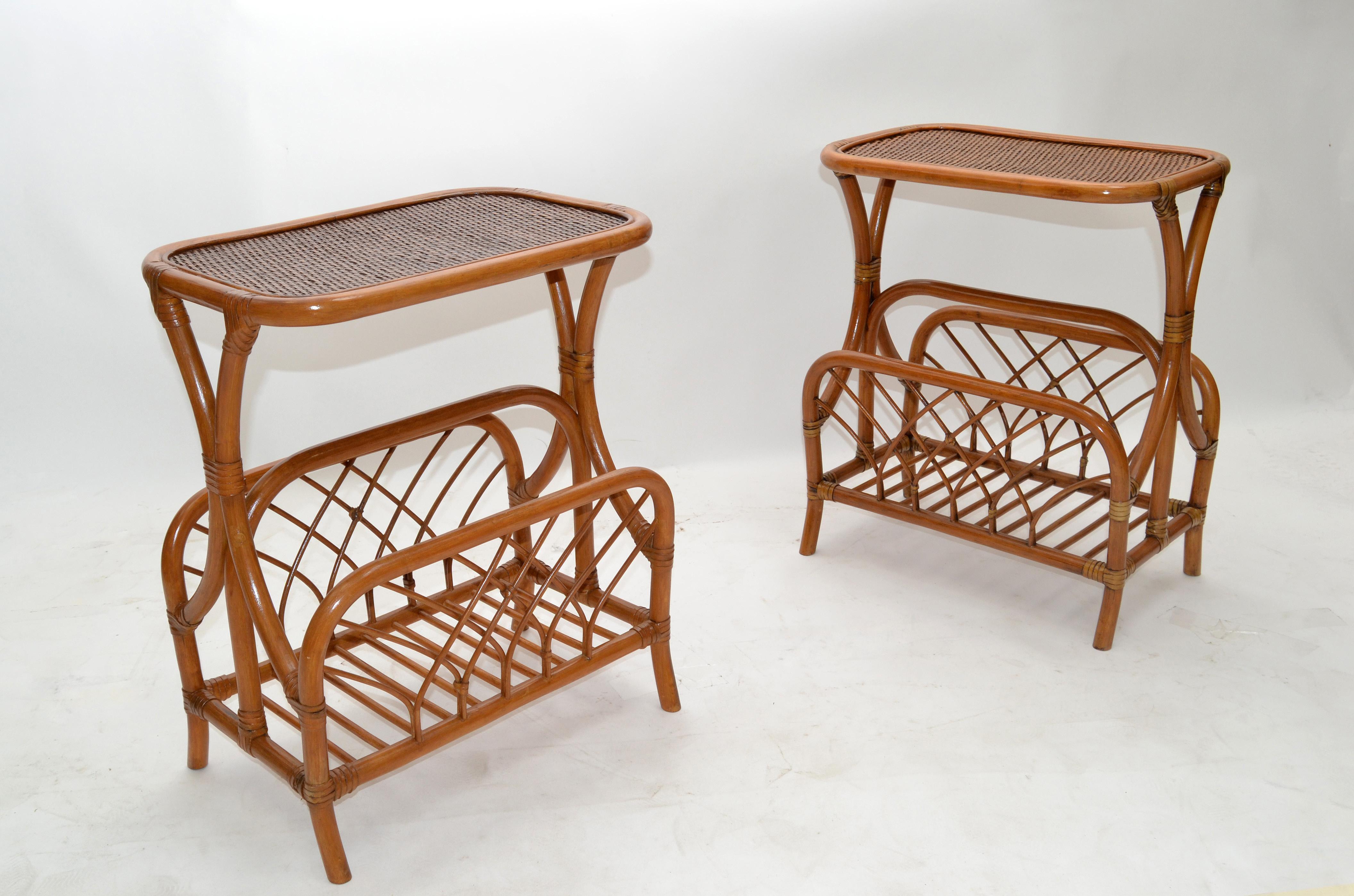 Marked Bamboo & Wicker Mid-Century Modern Side, Bedside Tables Night Stands Pair 7