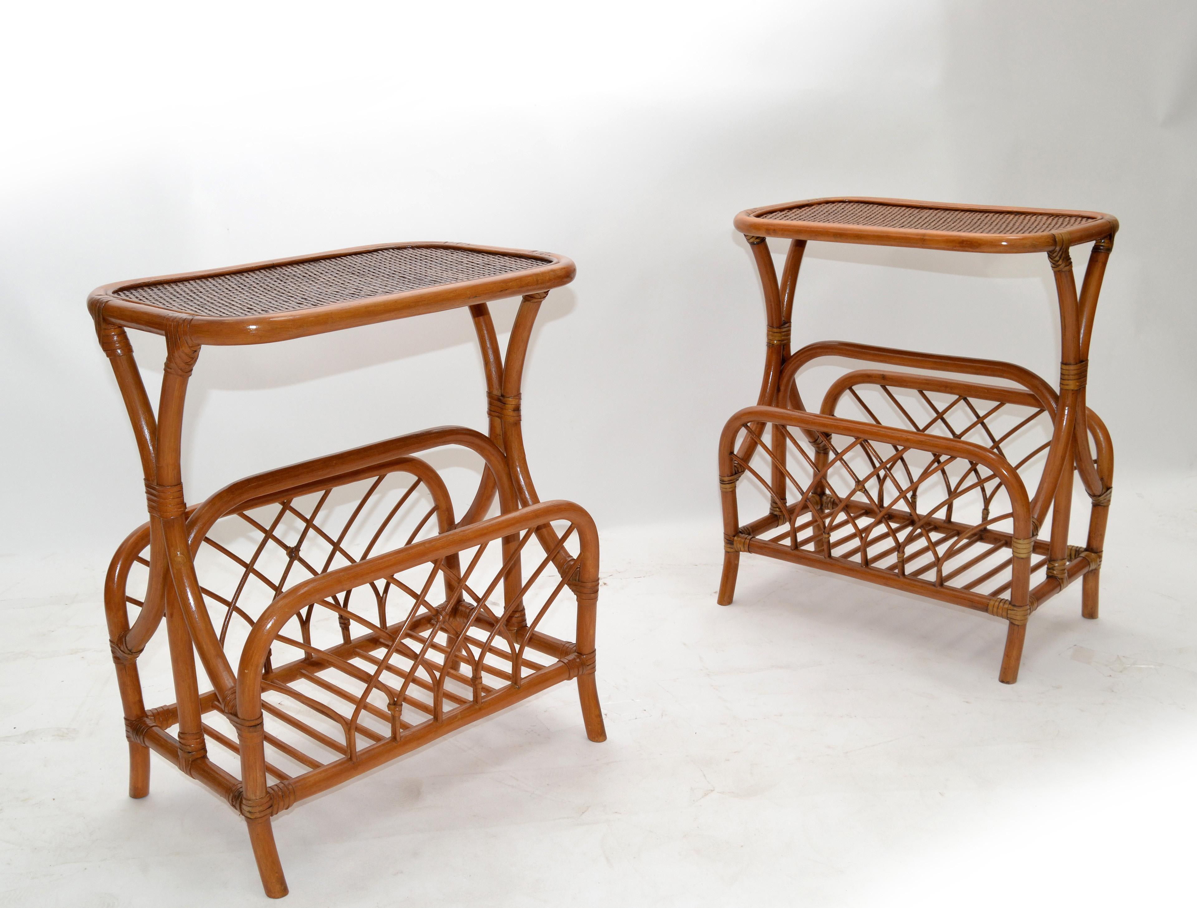 Pair of American leader's casual furniture Mid-Century Modern side tables in cane, leather and bent bamboo wood with magazine rack.
Great also for your bedroom as night stands or bedside tables.
Original maker's tag underneath.
  