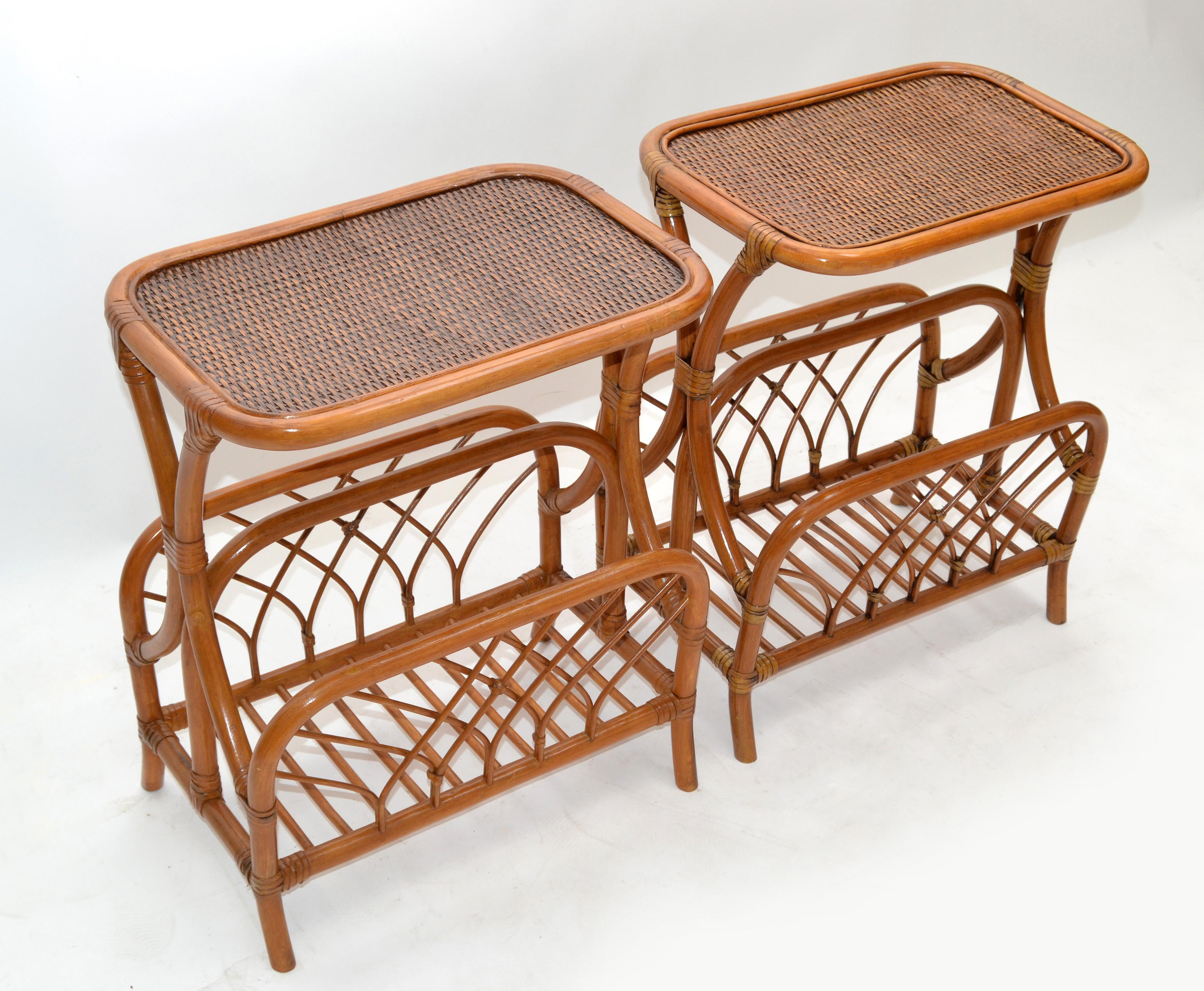 American Marked Bamboo & Wicker Mid-Century Modern Side, Bedside Tables Night Stands Pair