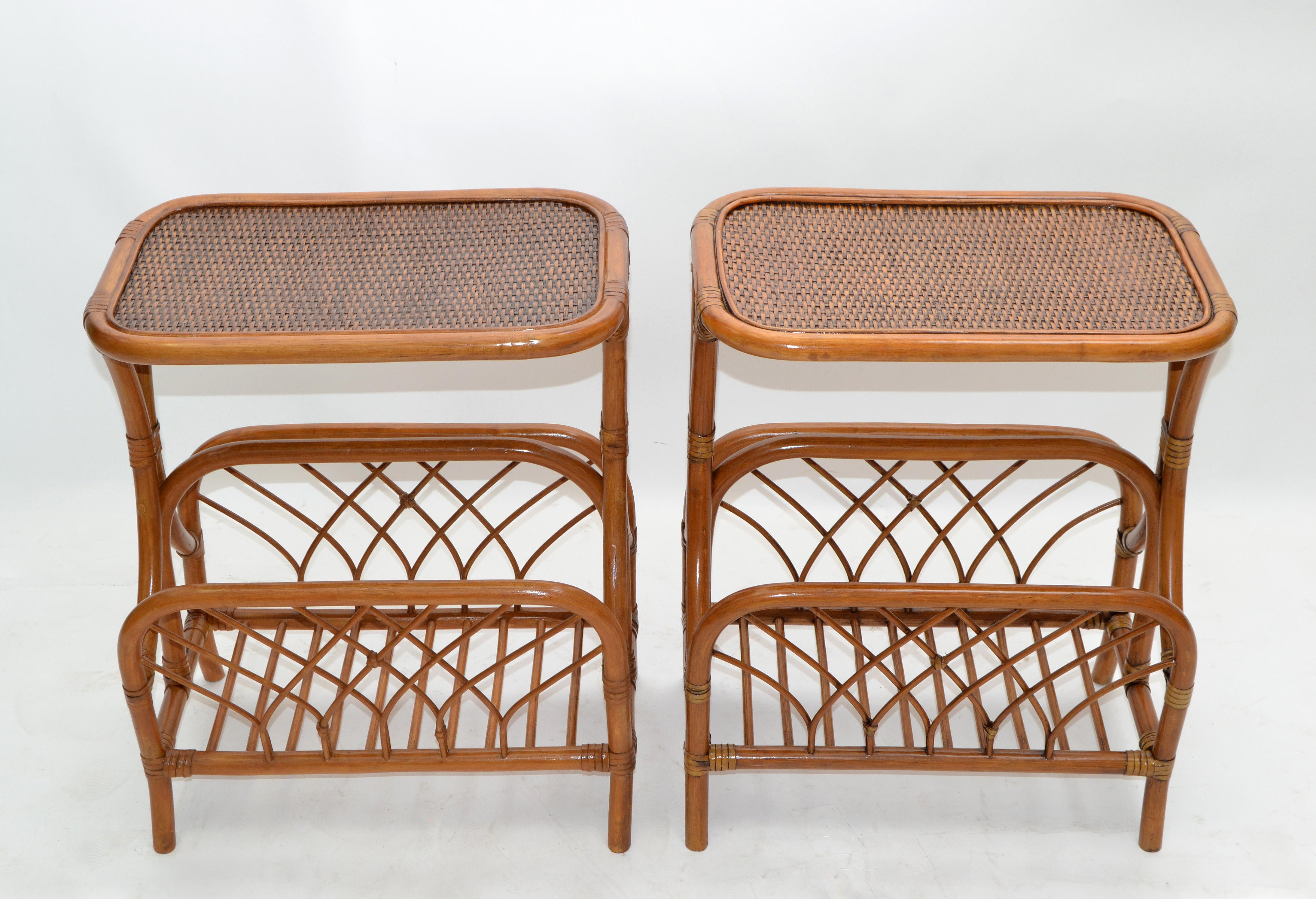 Hand-Crafted Marked Bamboo & Wicker Mid-Century Modern Side, Bedside Tables Night Stands Pair