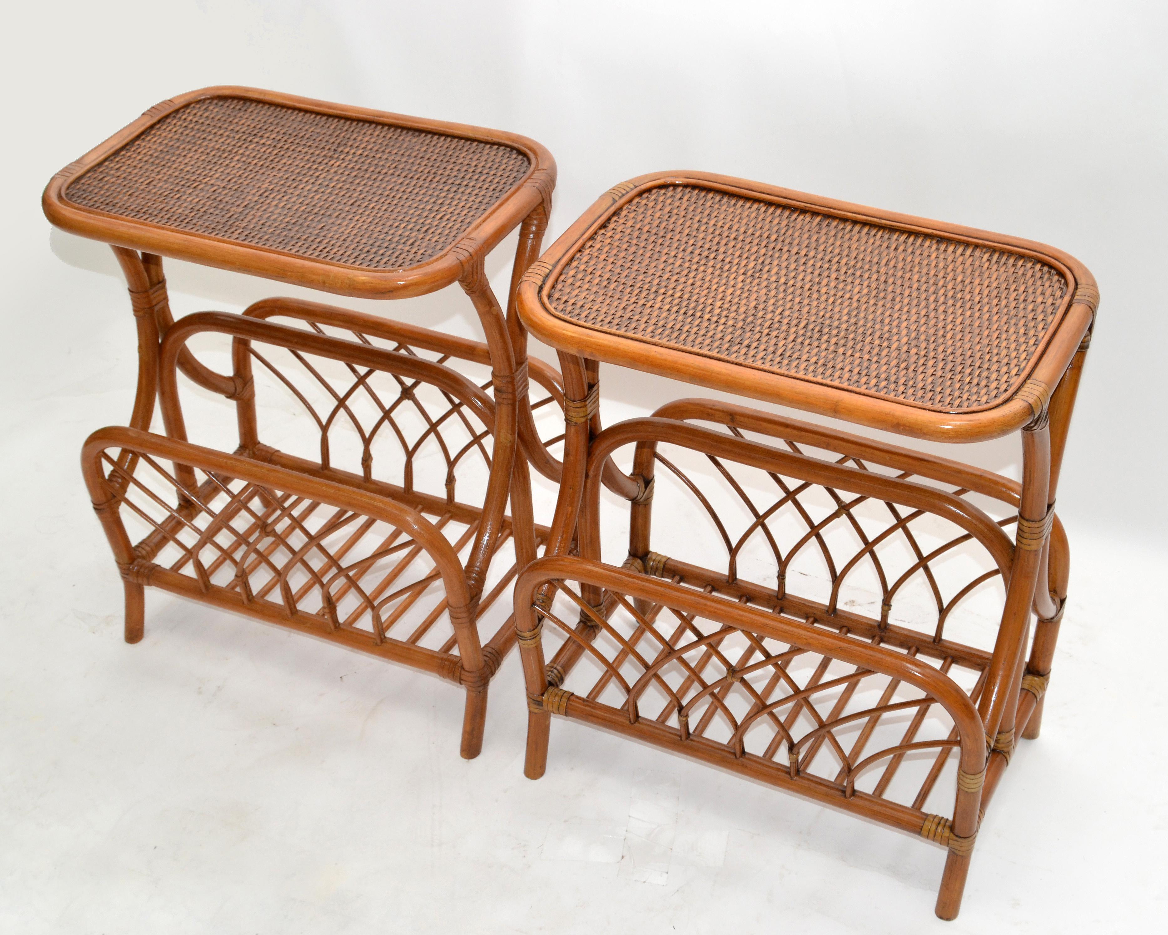 Marked Bamboo & Wicker Mid-Century Modern Side, Bedside Tables Night Stands Pair In Good Condition In Miami, FL