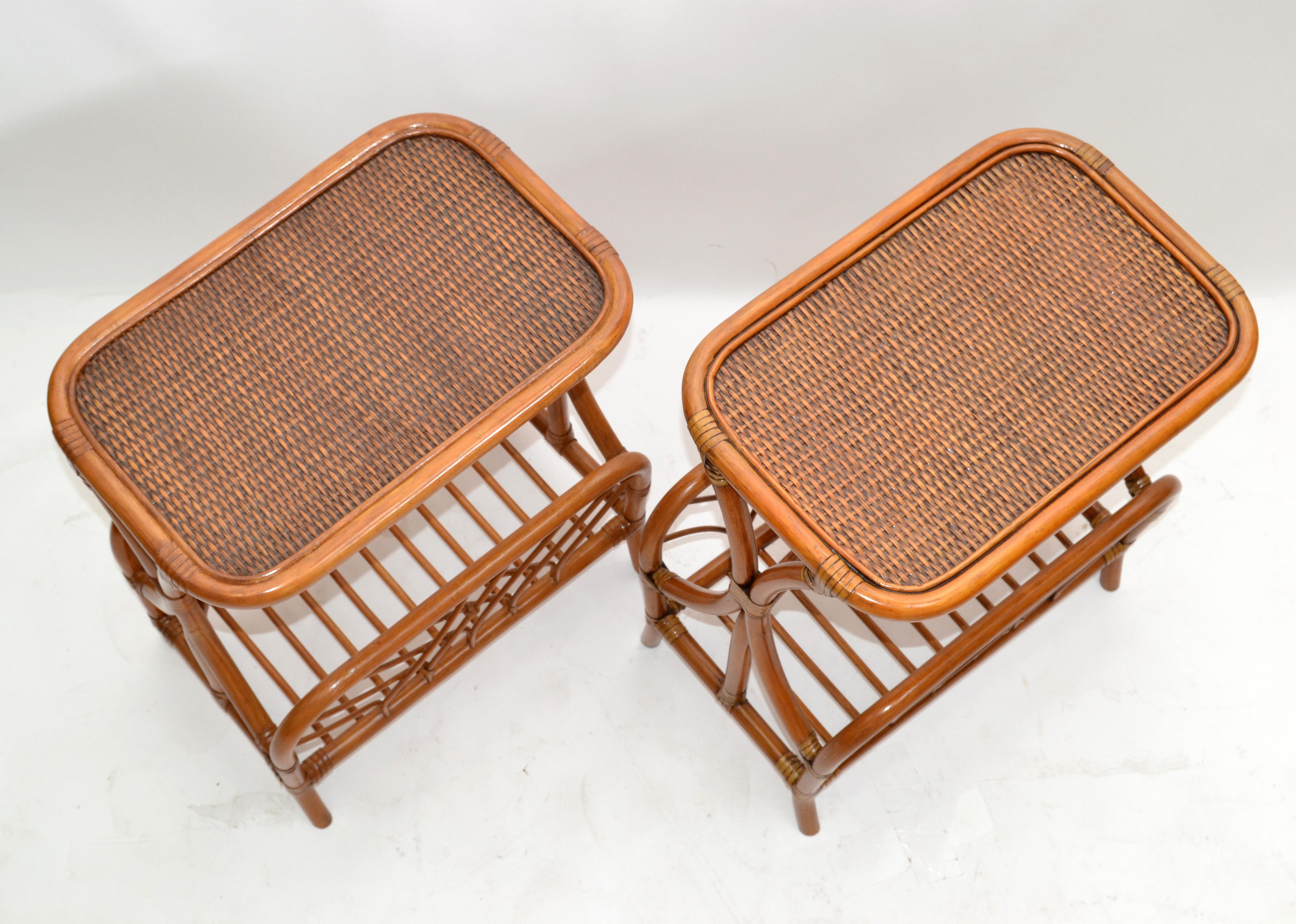 Late 20th Century Marked Bamboo & Wicker Mid-Century Modern Side, Bedside Tables Night Stands Pair