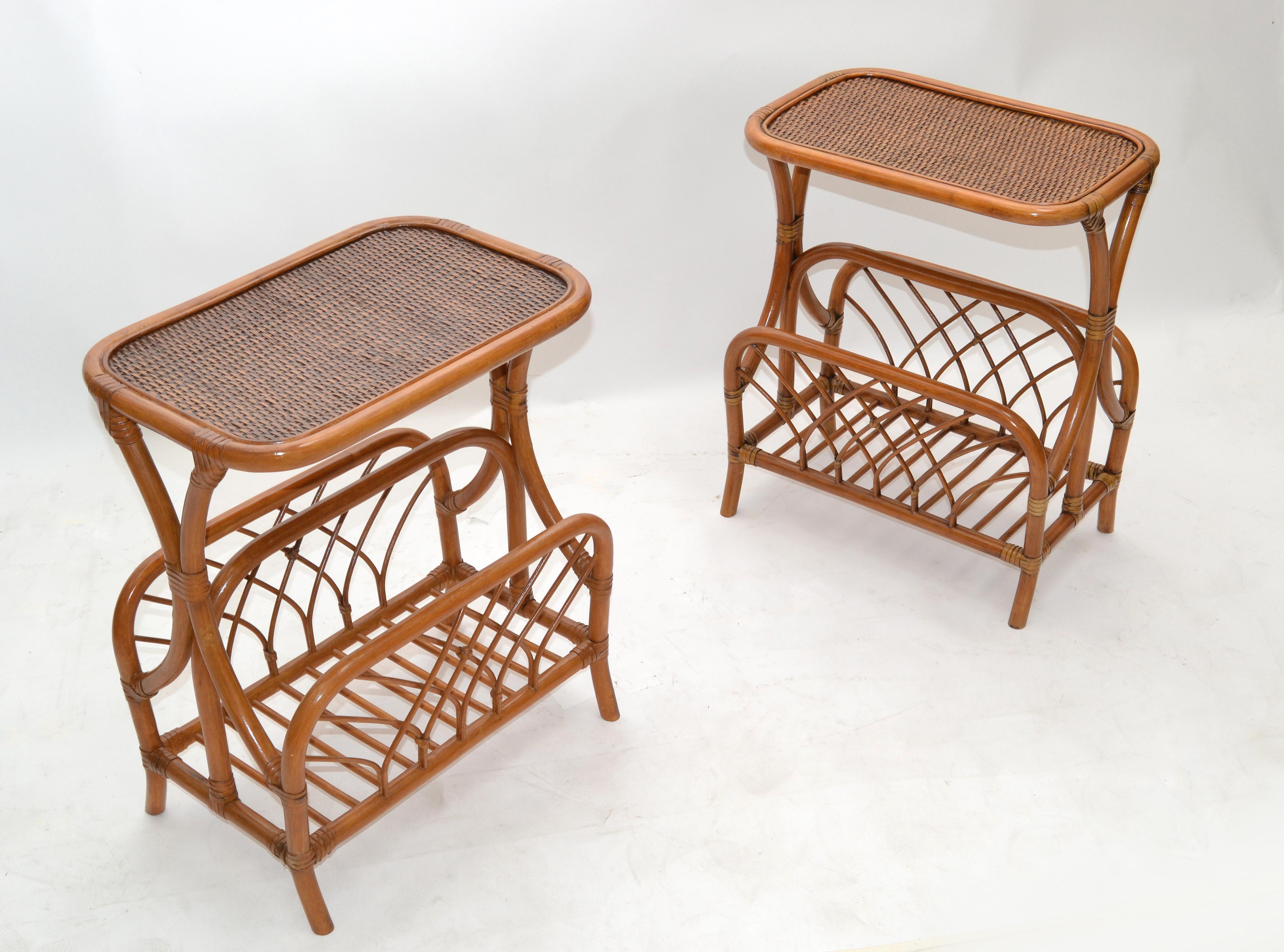 Leather Marked Bamboo & Wicker Mid-Century Modern Side, Bedside Tables Night Stands Pair
