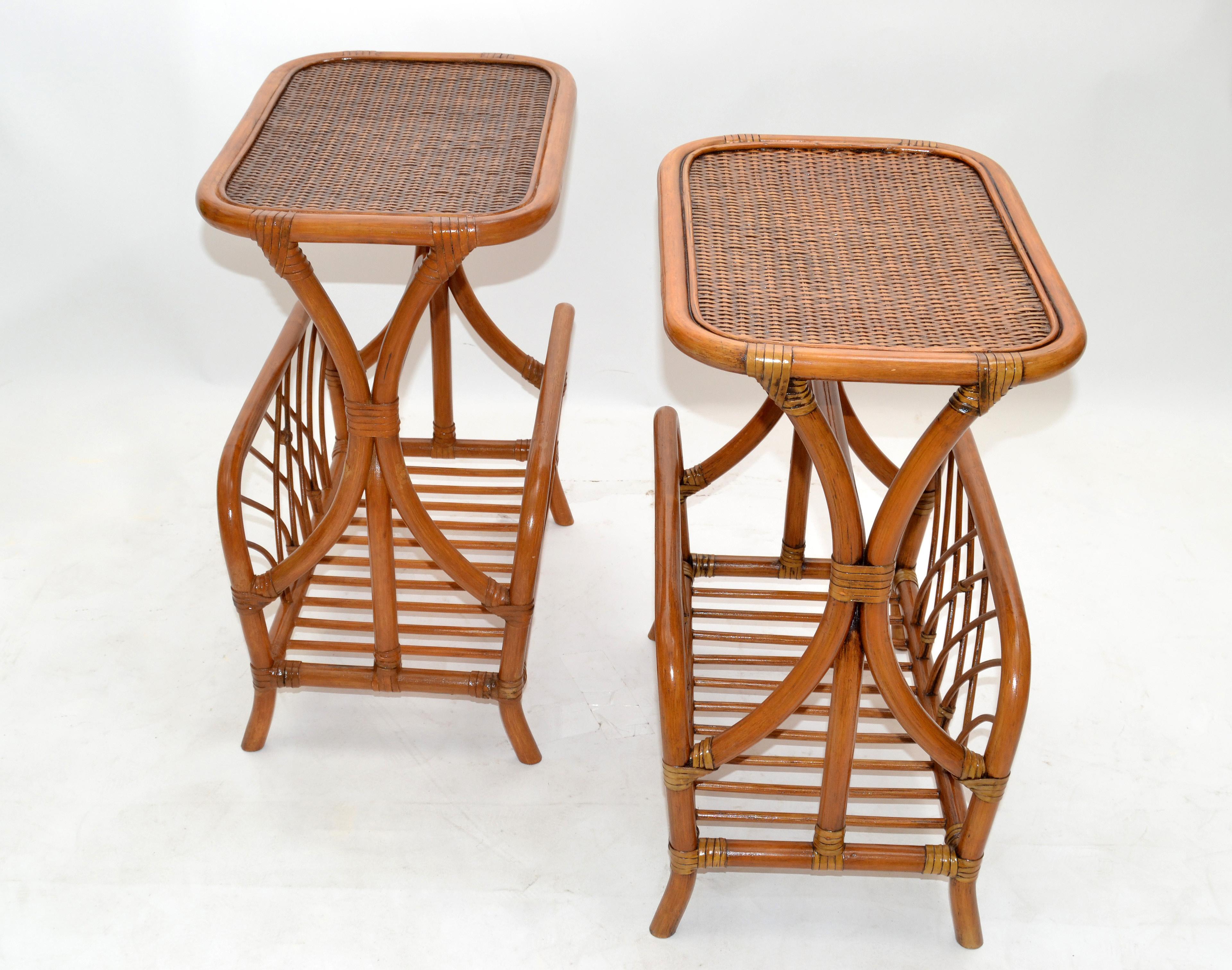 Marked Bamboo & Wicker Mid-Century Modern Side, Bedside Tables Night Stands Pair 1
