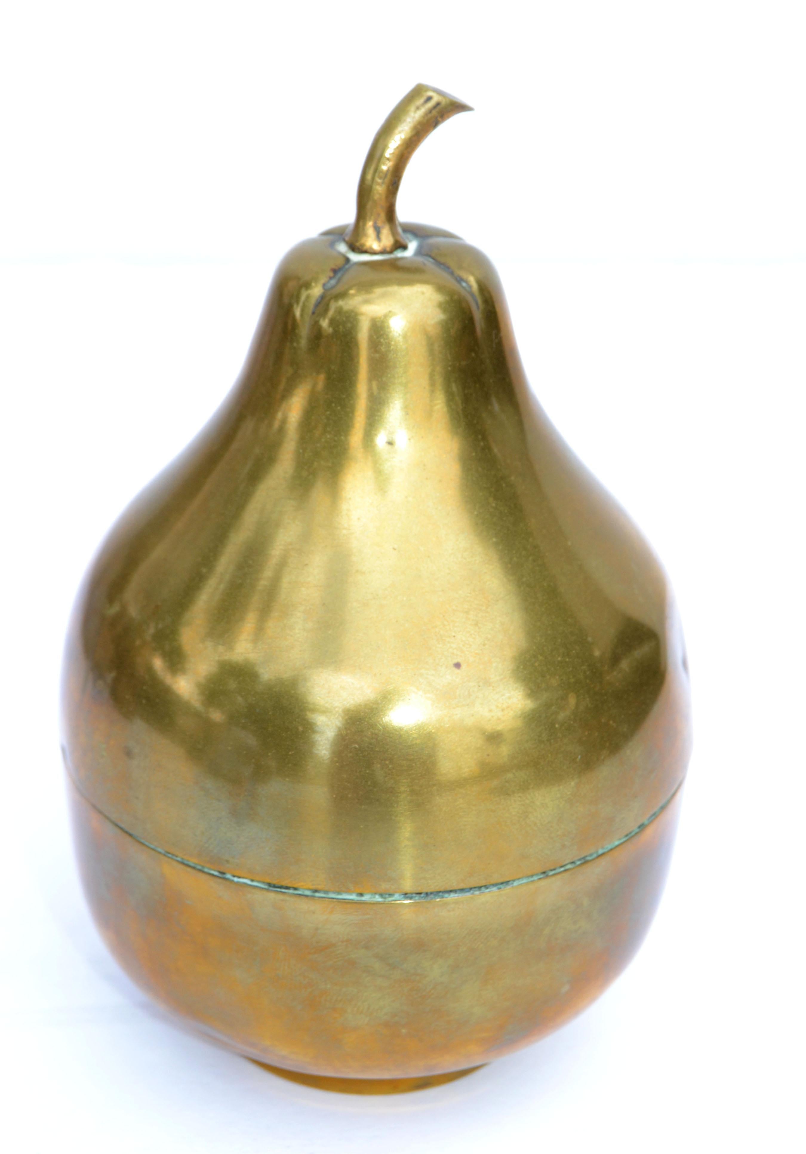 Mid-Century Modern Marked Brass & Silver Plate Pear Ice Bucket, Ice Cube Box, Fruit Sculpture, 1930 For Sale