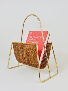 Marked Carl Auböck Midcentury News Rack, Brass and Woven Cane, Austria, 1950s