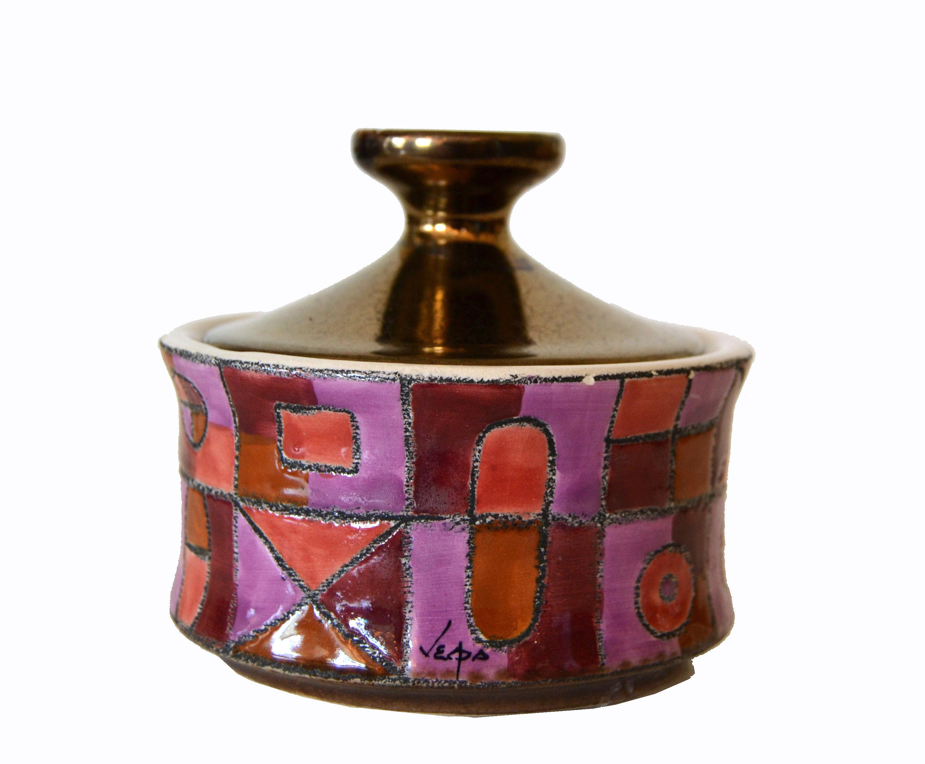 Marked Ceramic Sugar Bowl with Lid in Purple, Bronze & Shades of Maroon Color 4