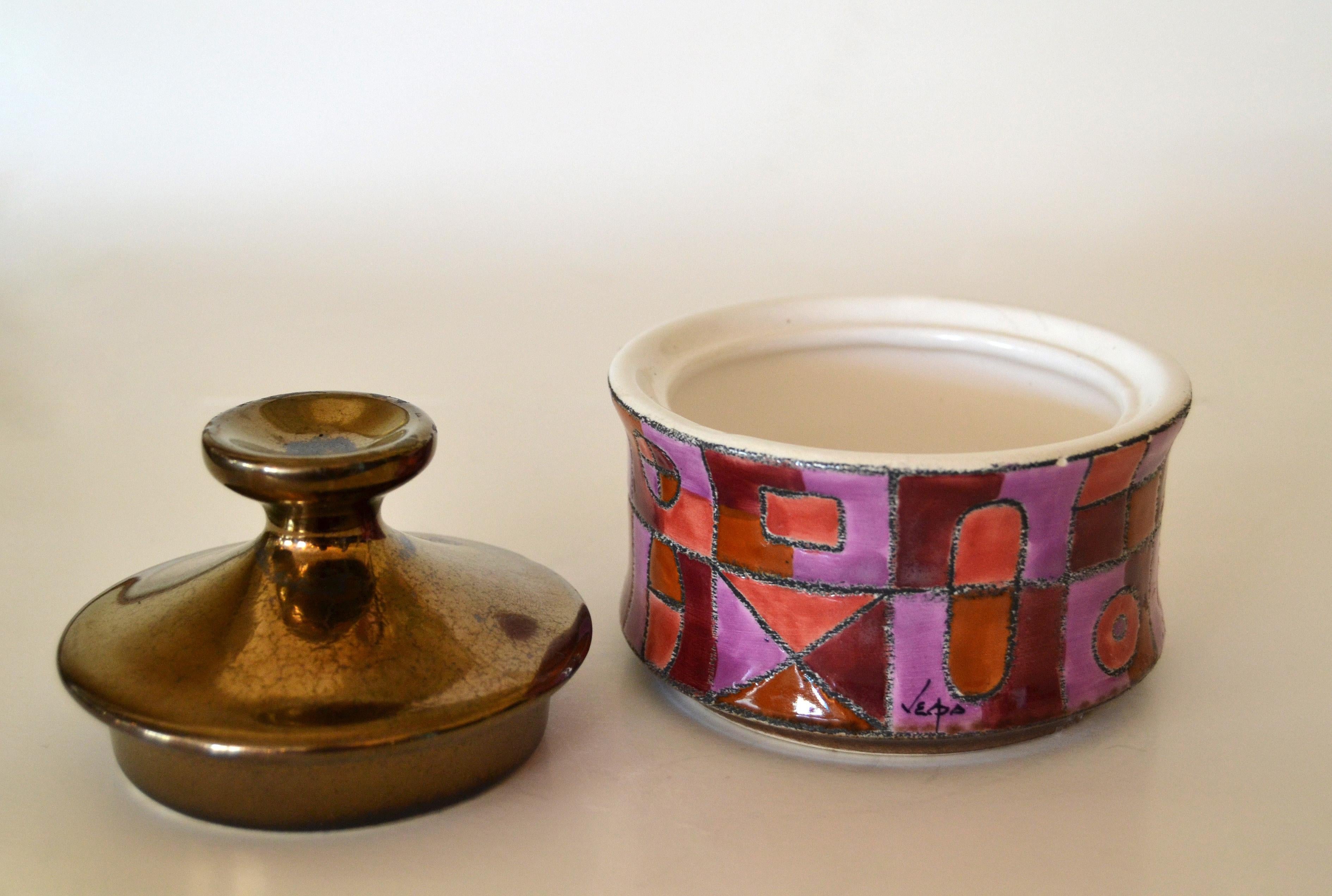 European Marked Ceramic Sugar Bowl with Lid in Purple, Bronze & Shades of Maroon Color