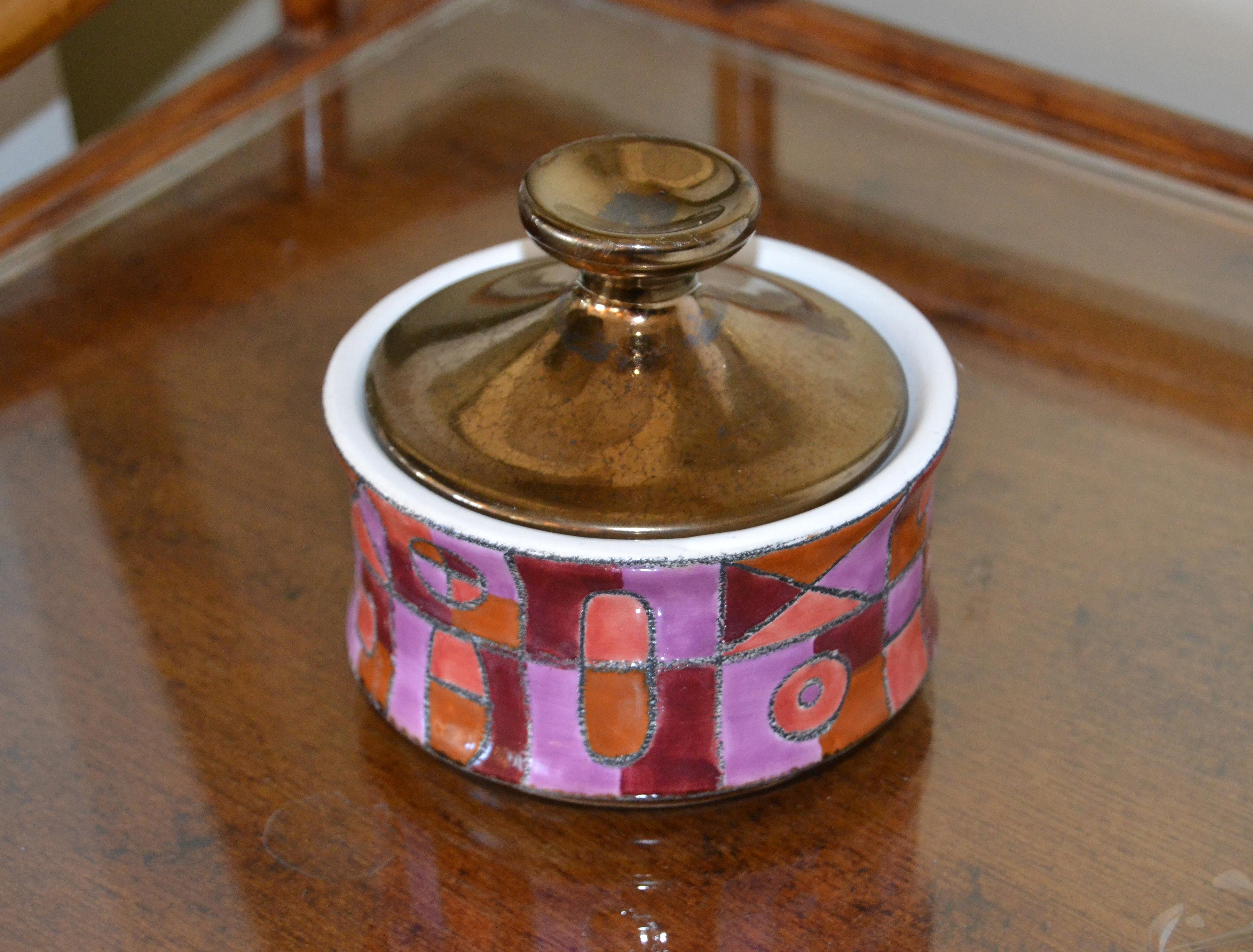 Marked Ceramic Sugar Bowl with Lid in Purple, Bronze & Shades of Maroon Color In Good Condition In Miami, FL