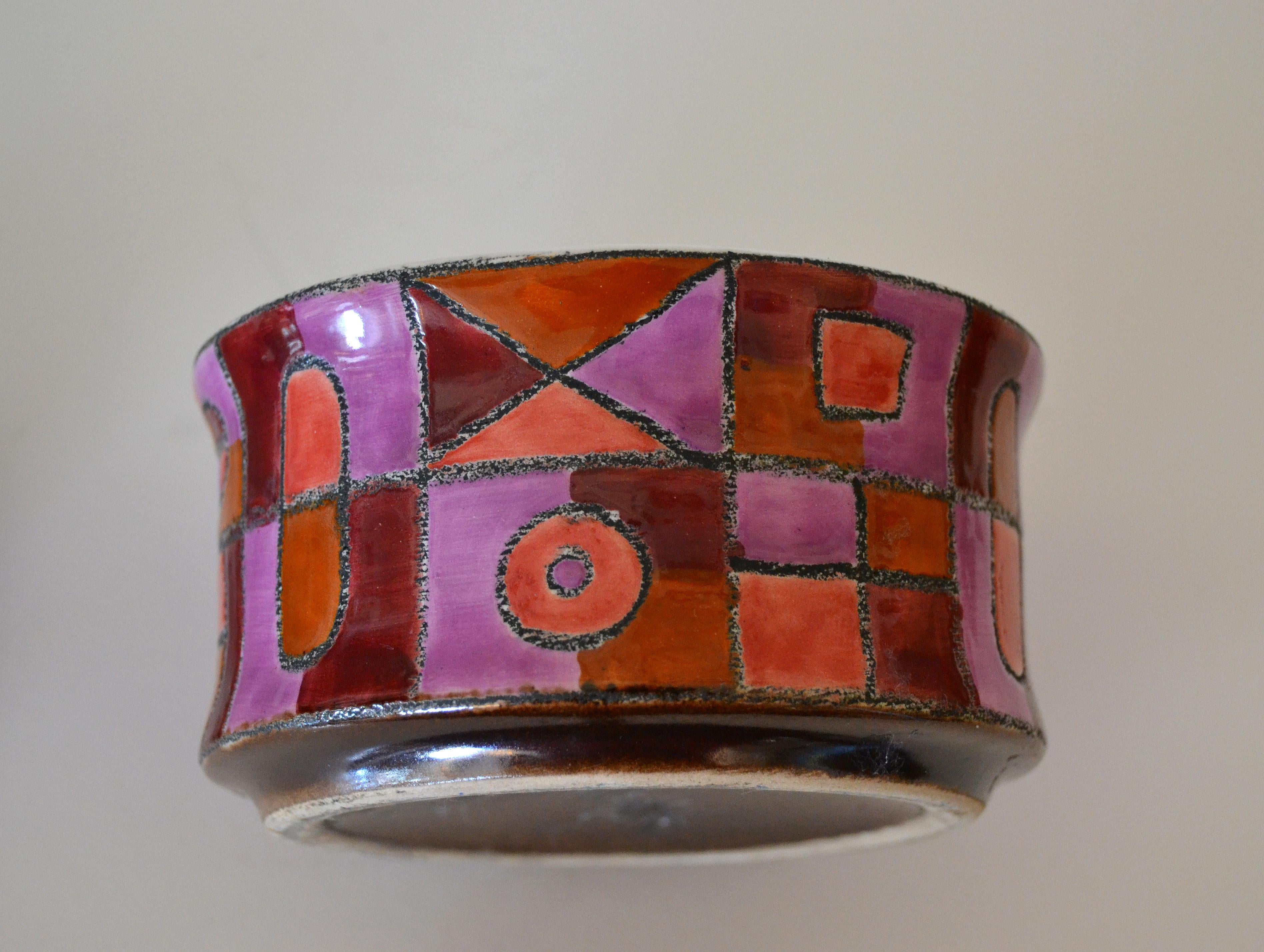 20th Century Marked Ceramic Sugar Bowl with Lid in Purple, Bronze & Shades of Maroon Color