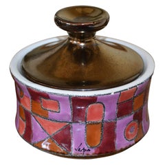 Marked Ceramic Sugar Bowl with Lid in Purple, Bronze & Shades of Maroon Color